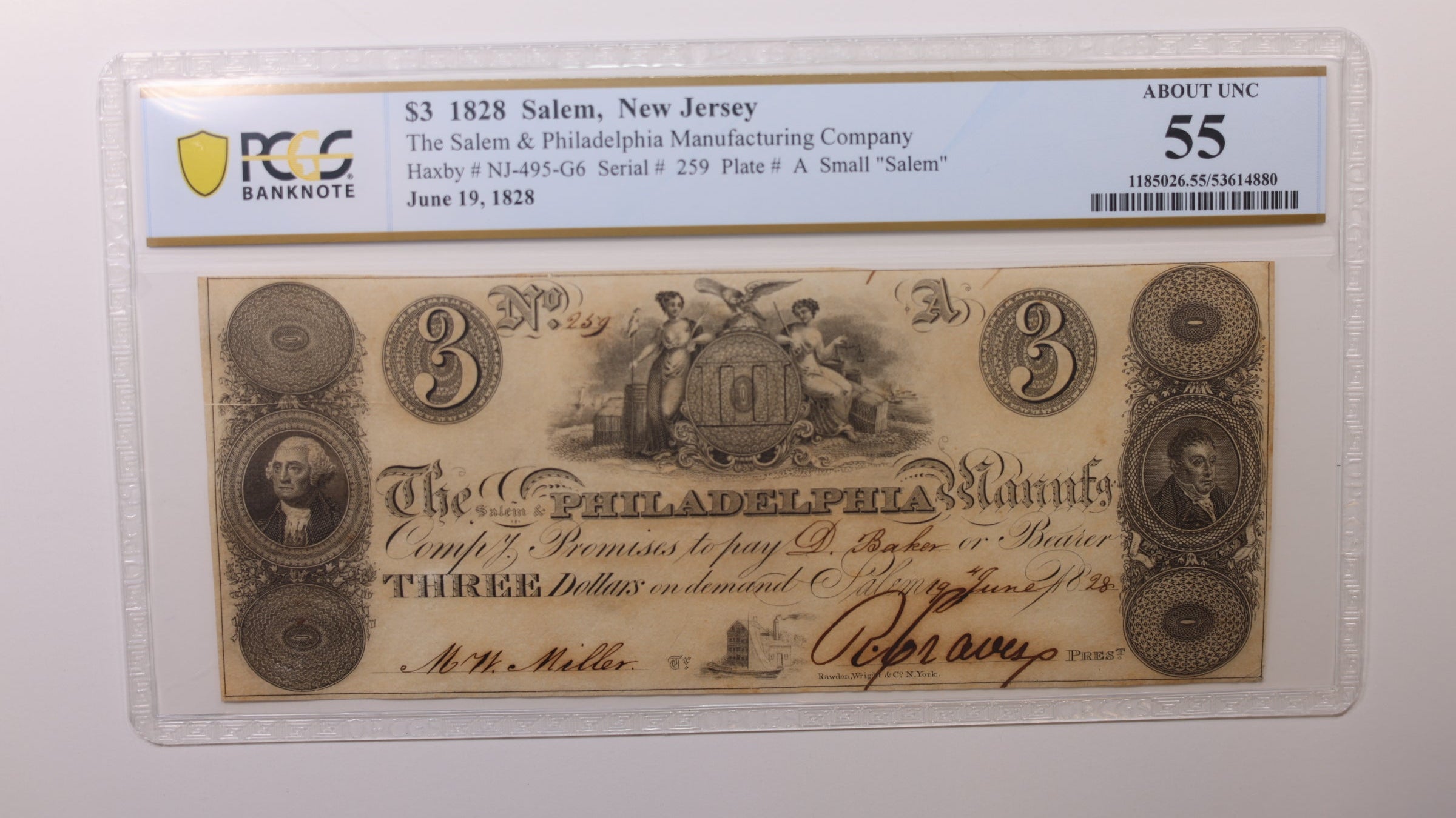 1828 $3, Salem, N.J. Obsolete Currency, PCGS AU-55, Store #GNJ017.