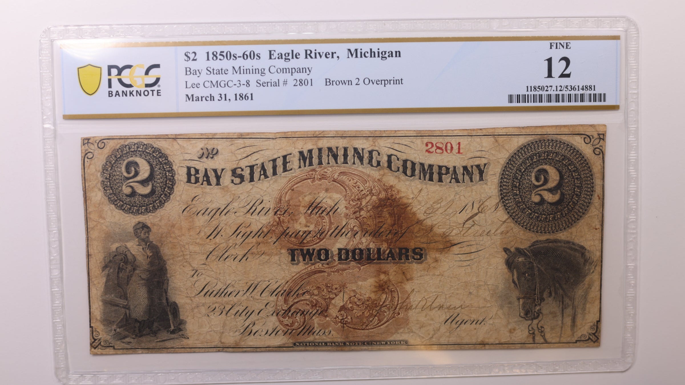 1861 $2, Eagle River, MI, Obsolete Currency, PCGS Fine-12, Store #GMI0144.