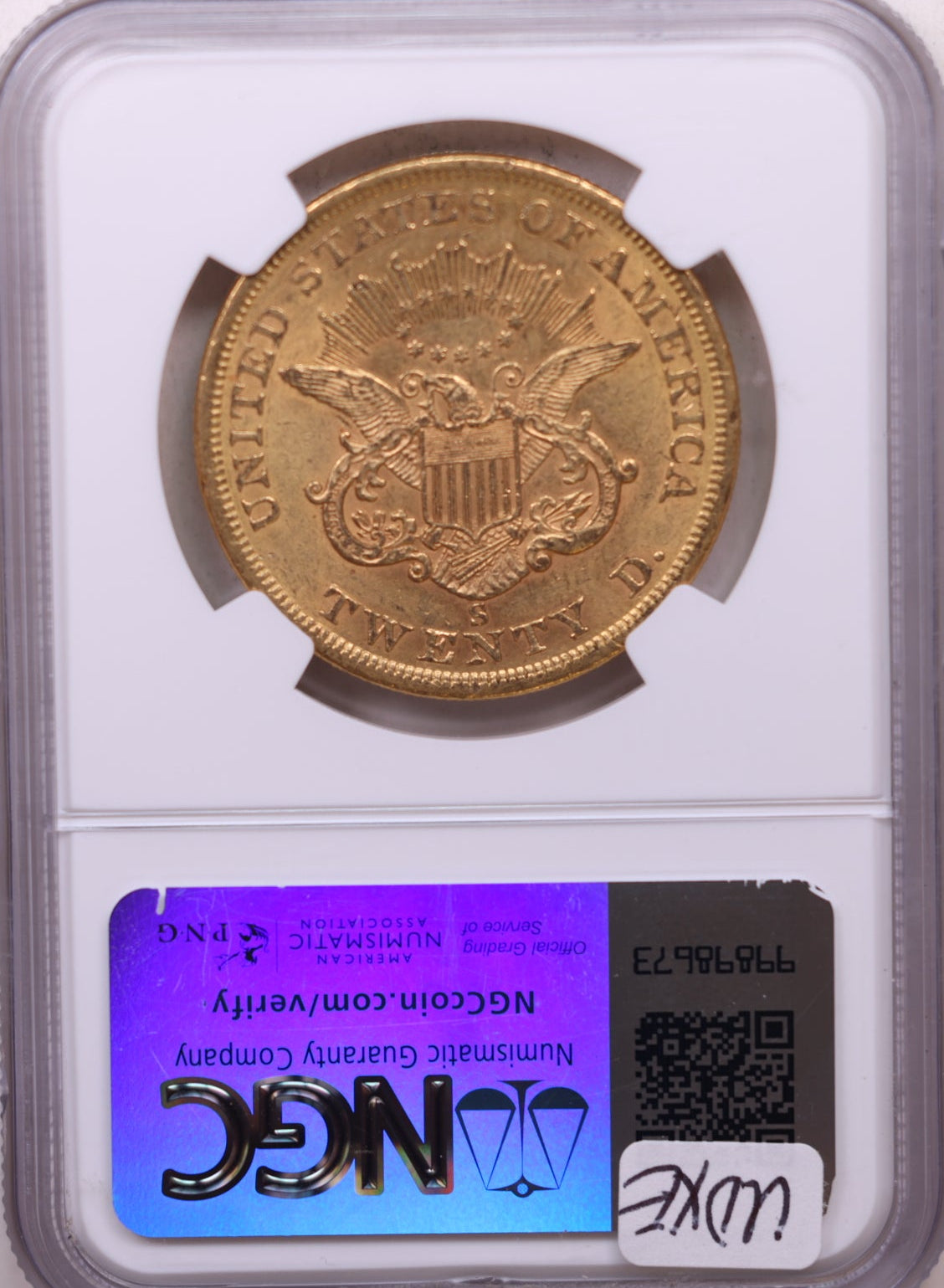 1861 $20, Gold Double Eagle, Uncirculated Coin, NGC MS-60, Store Sale #G0161.