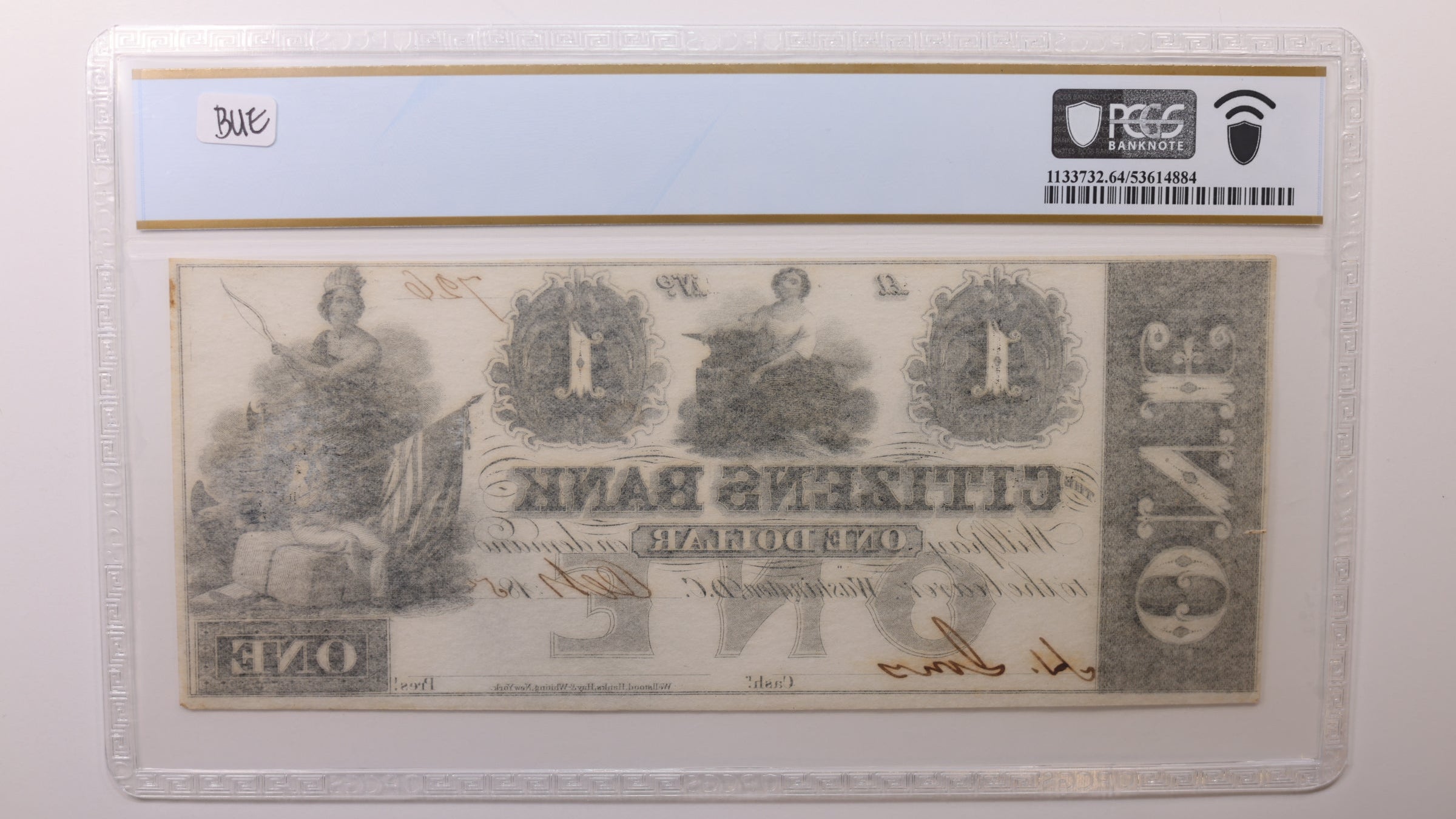 1854 $1, Washington, D.C. Obsolete Currency , PCGS CU64, STORE #GDC081.