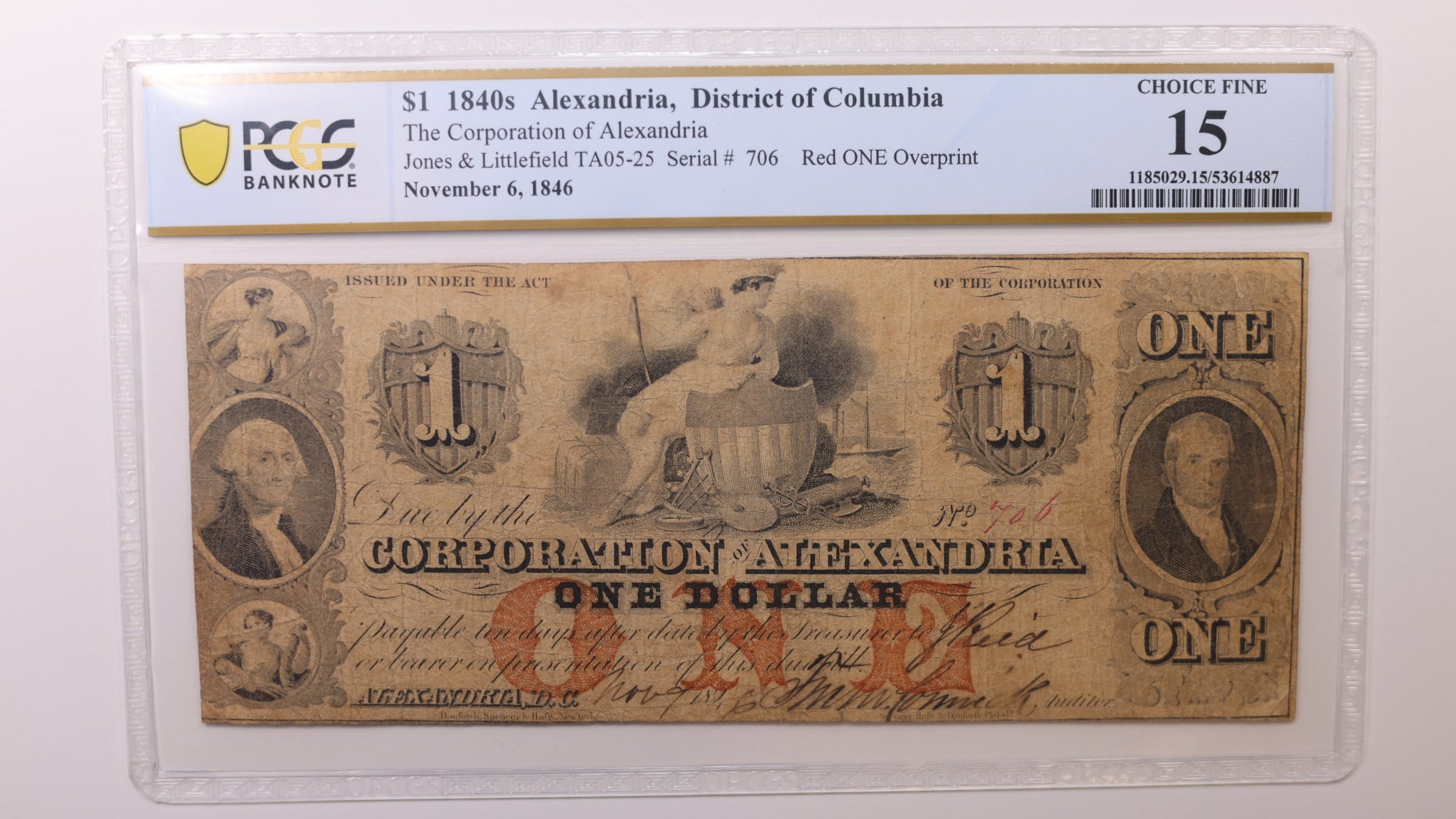 1846 $1, Washington, D.C. Obsolete Currency , PCGS Fine-15, STORE #GDC084.