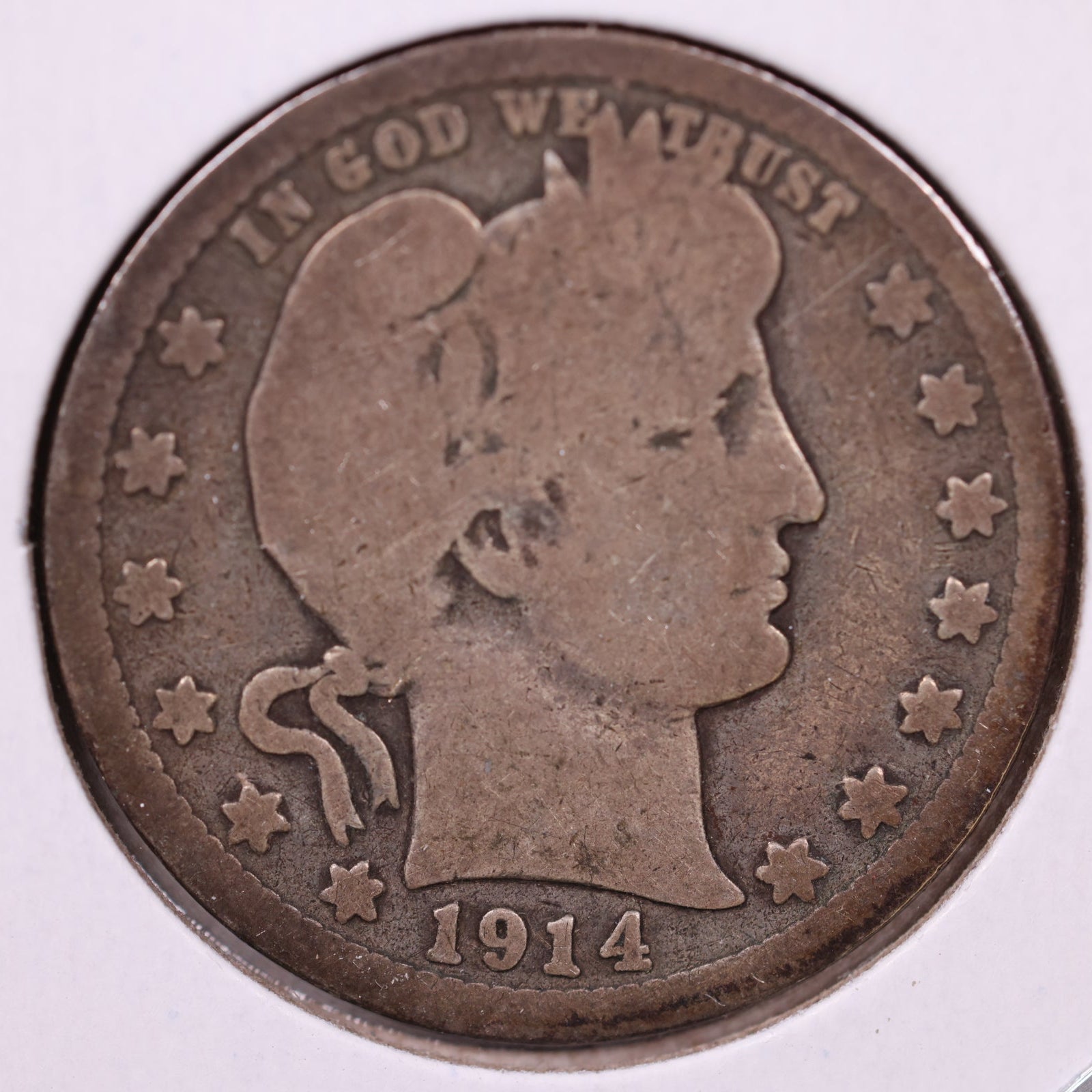 1914-D Barber Silver Quarter, Very Good Circulated Coin, Store #QR1539.