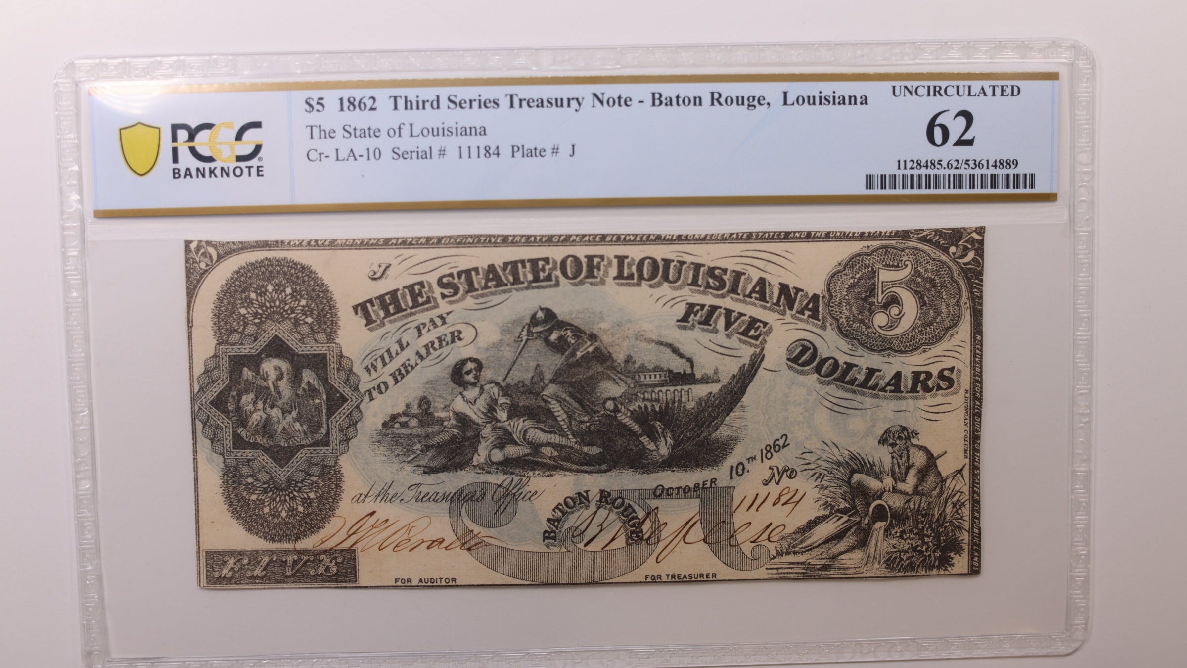 1862 $5, New Orleans, Louisiana. Obsolete Currency. PCGS CU62, Store #GLA004.