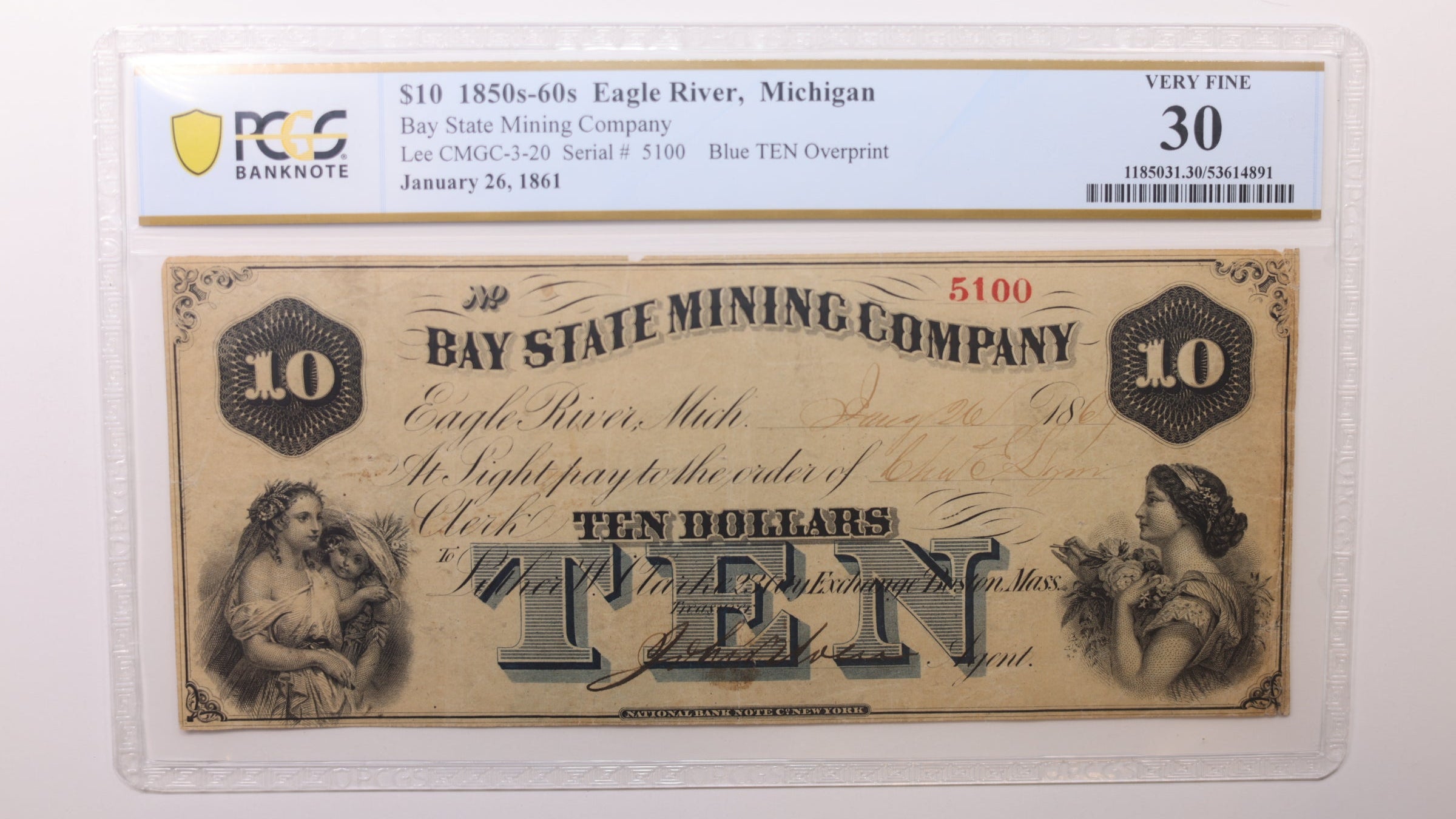 1861 $10, Eagle River, MI, Obsolete Currency, PCGS VF30, Store #GMI0146.