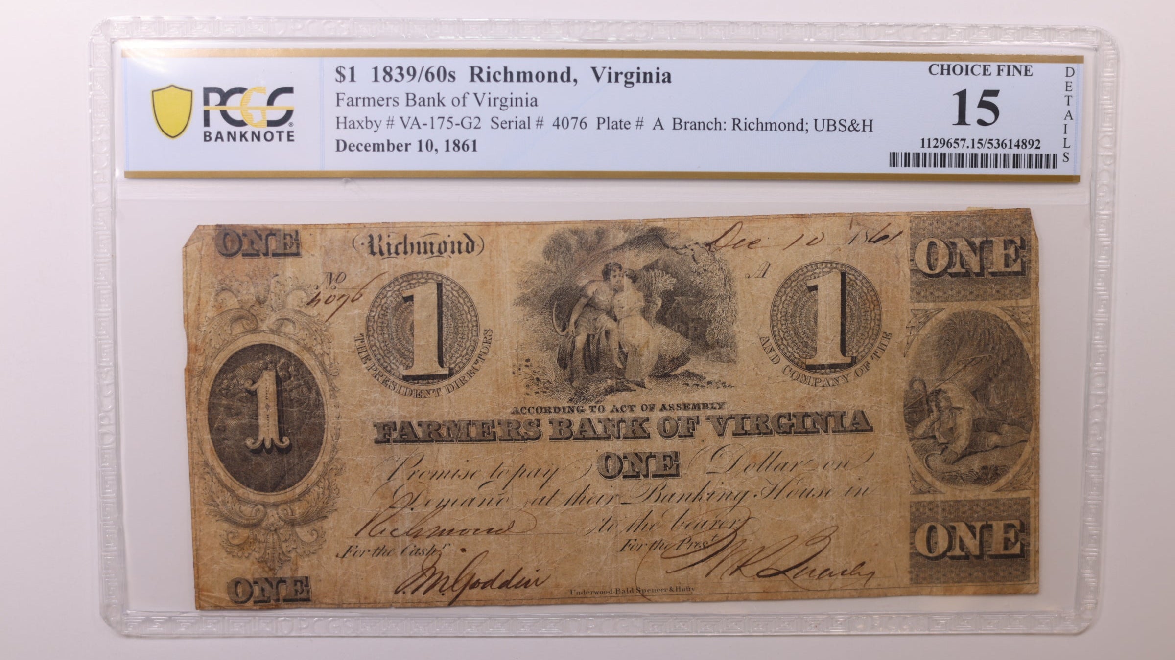 1861 $1, Richmond Virginia, Obsolete Currency, PCGS Fine-15, Store #GVA028.
