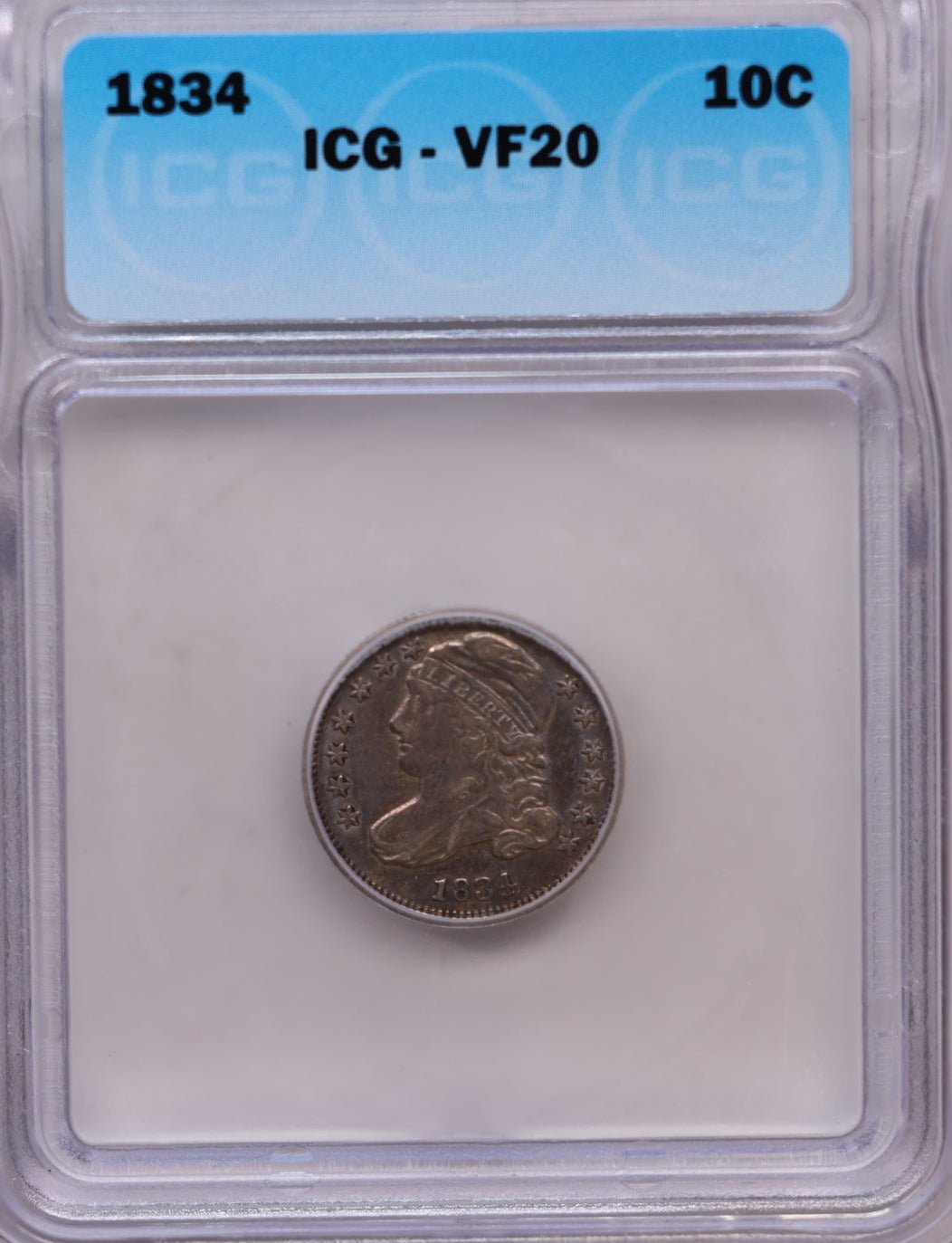 1834 Cap Bust Silver Dime, Large '4', ICG VF-20, Pleasant Eye Appeal, Store Sale #GDE032.