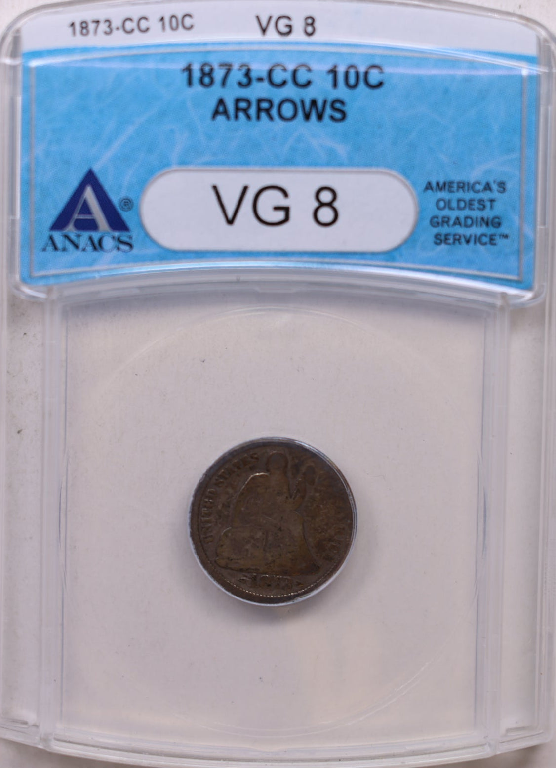 1873-CC Seated Liberty Dime, Arrows, ANACS VG-8, Circulated Coin, Store #GDE035.