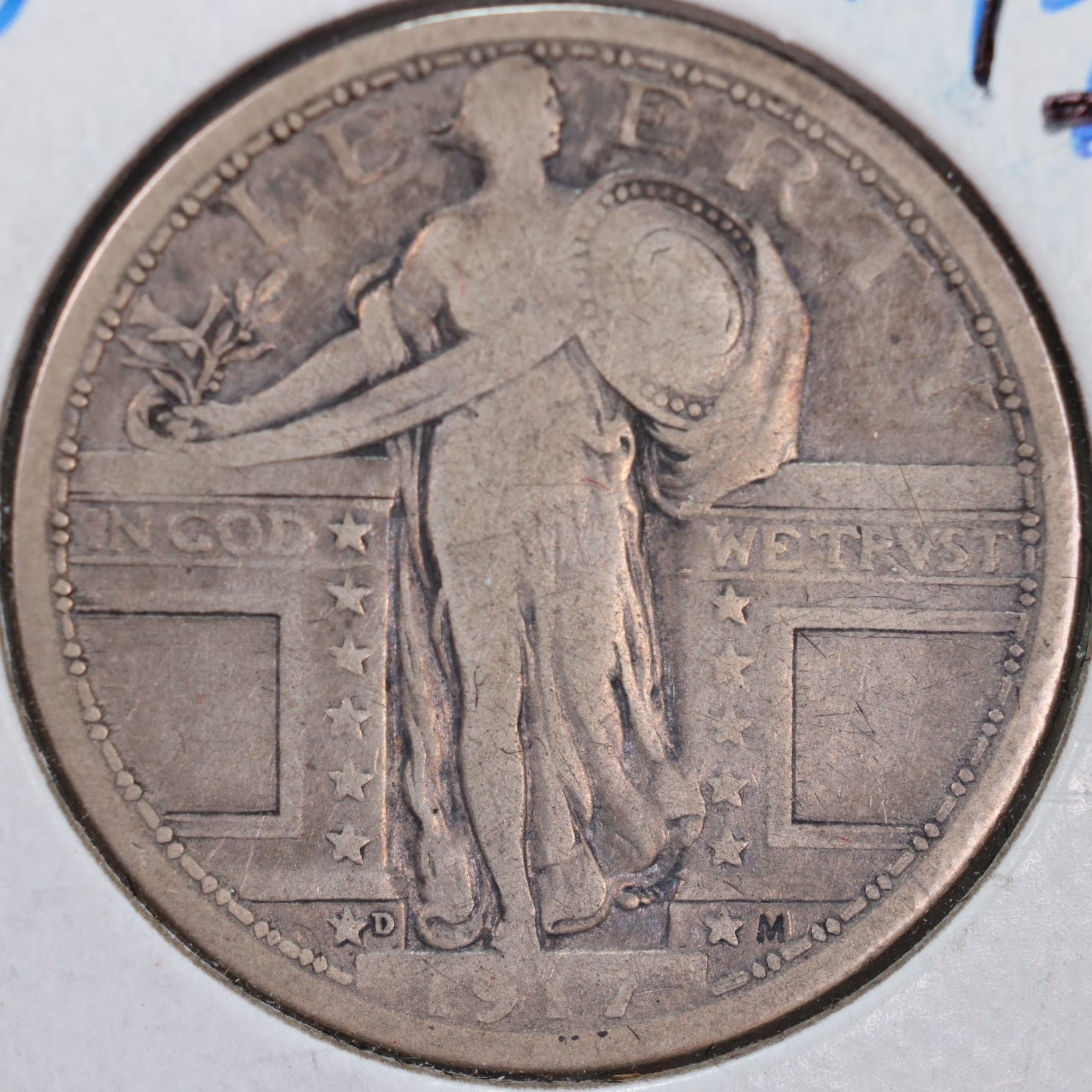 1917-D Standing Liberty Silver Quarter, T-1, Fine Circulated Coin, Store #QR0014