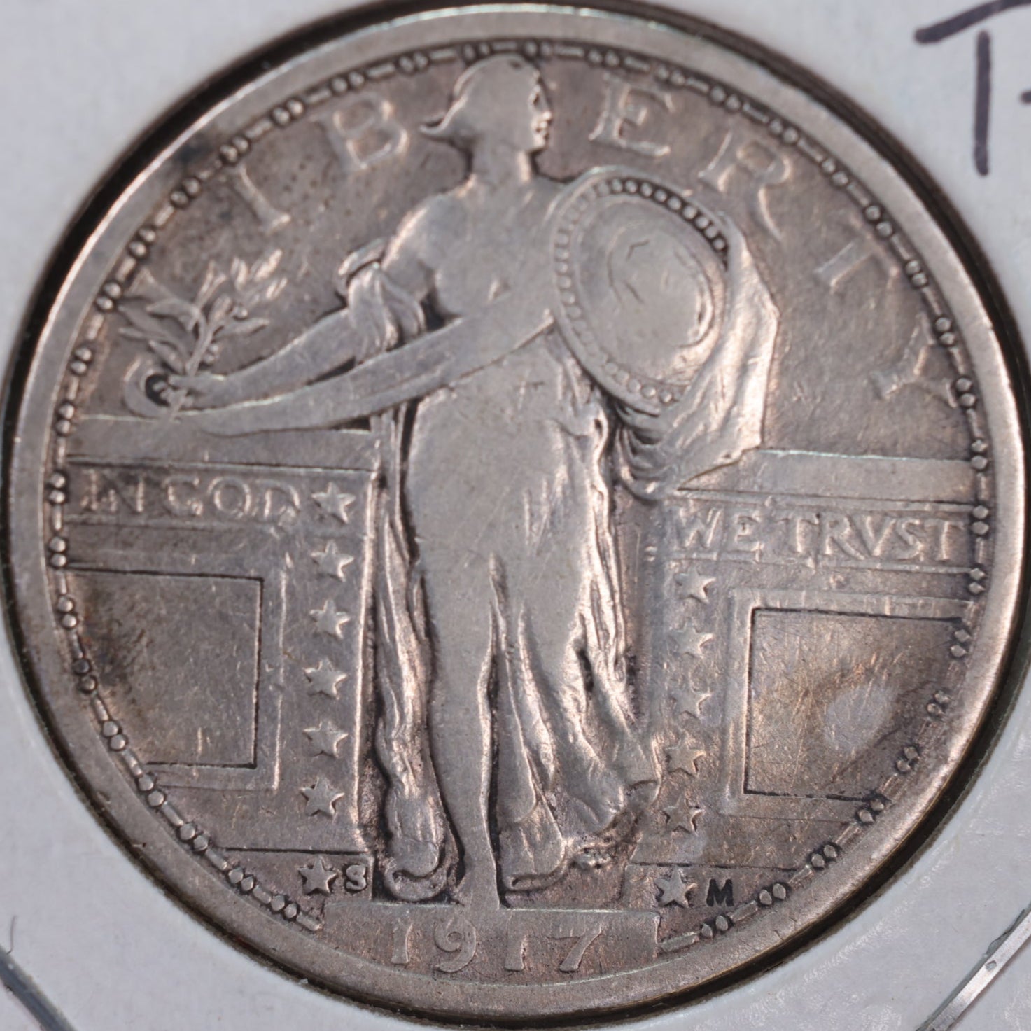 1917-S Standing Liberty Silver Quarter, T-1, Fine Circulated Coin, Store #QR0018.