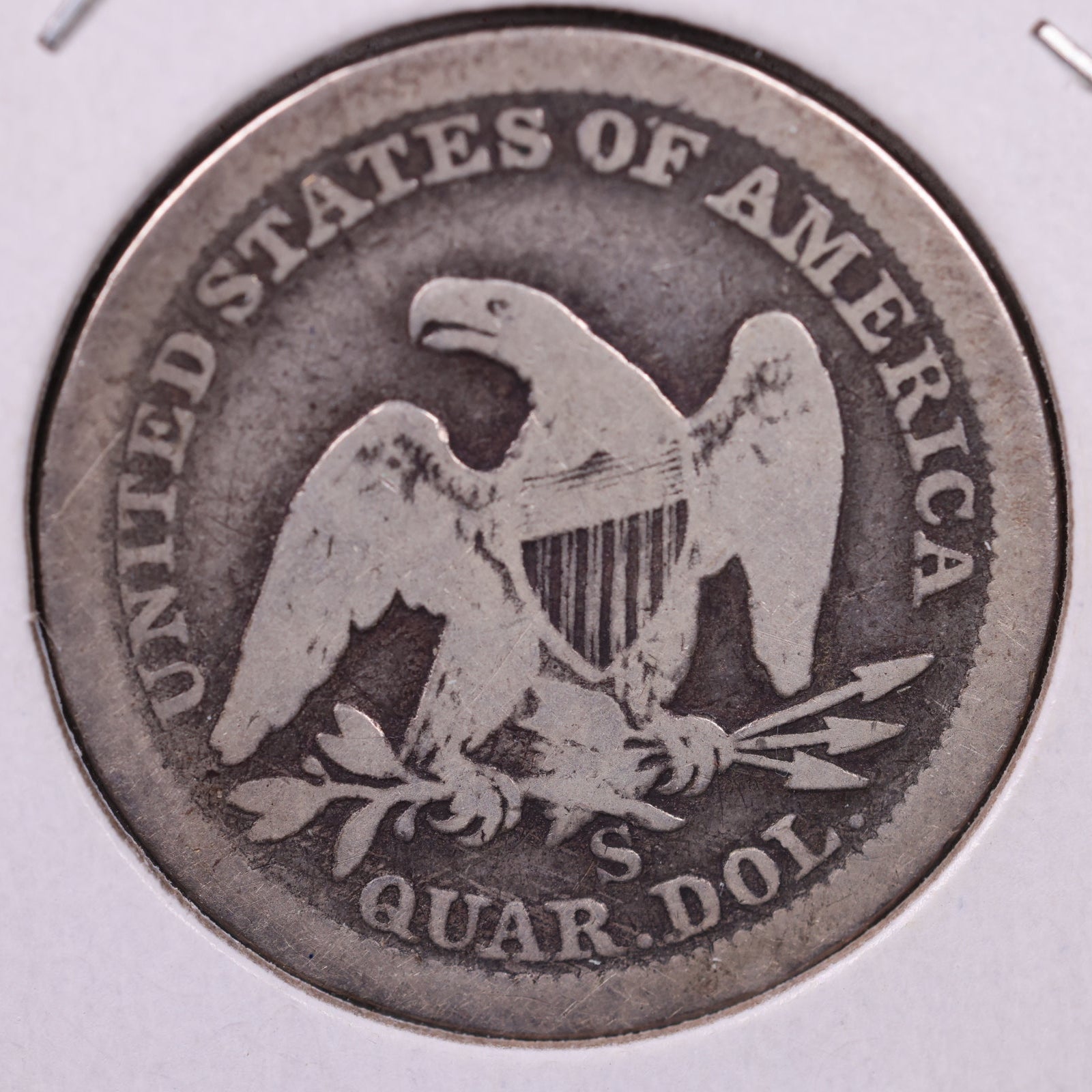 1858-S Liberty Seated Quarter., Very Good Circulated Coin., Store #QR1368.