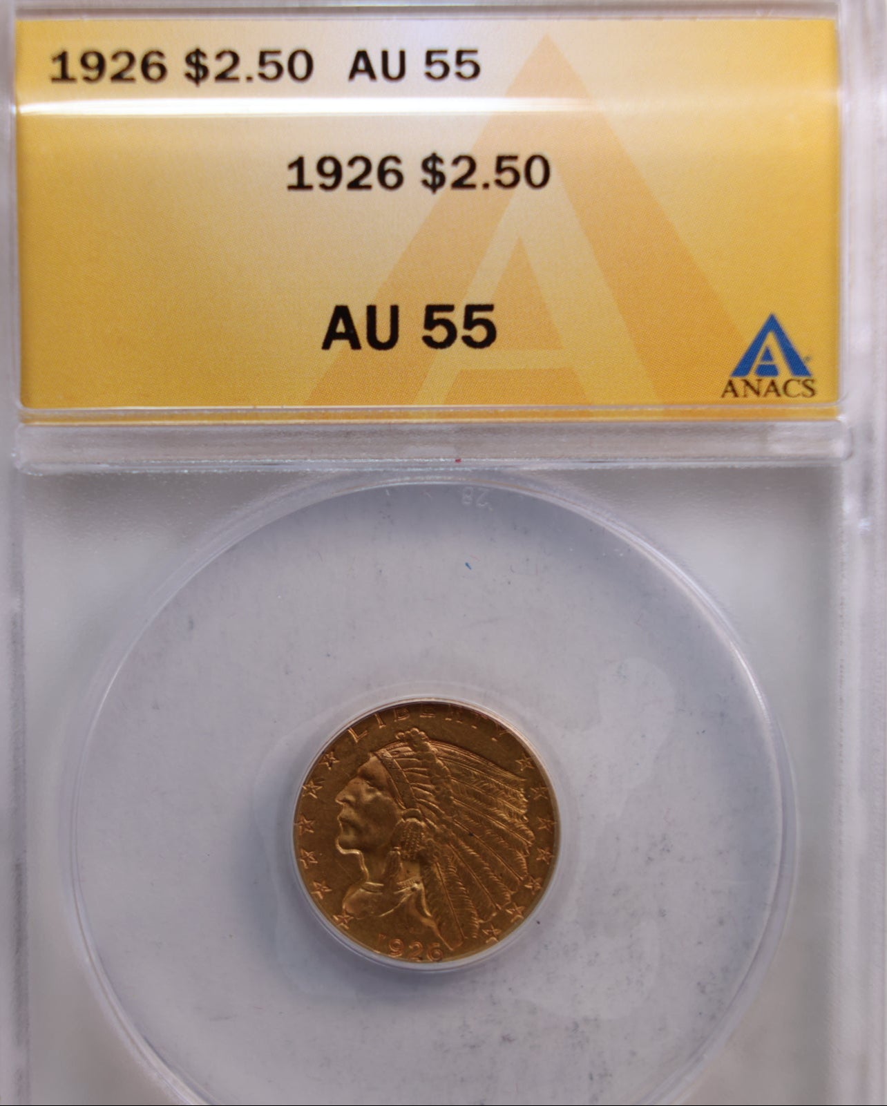 1926 $2.50 Quarter Eagle, Indian, Gold Coin, ANACS AU-55, Store Sale #G0031