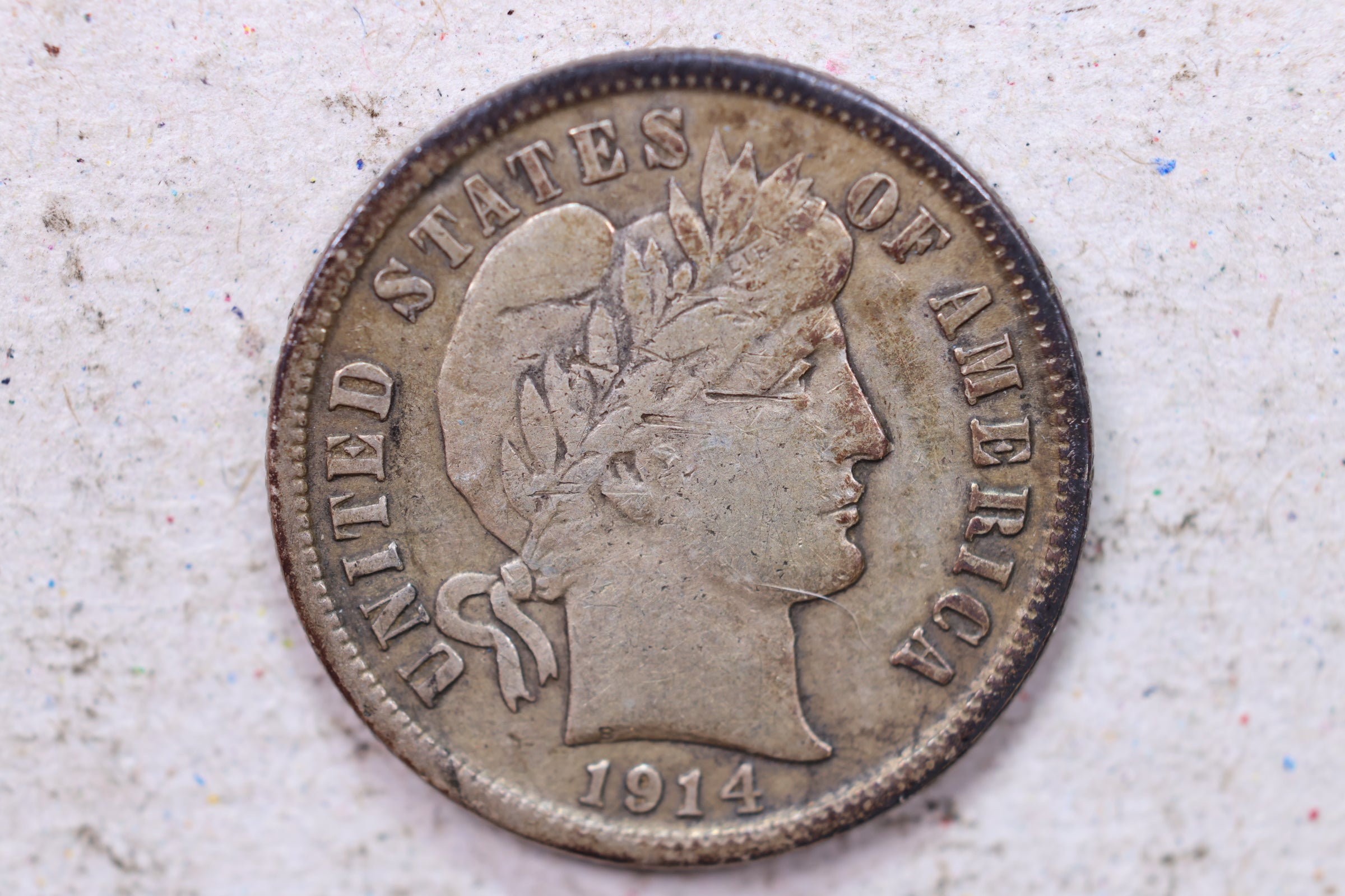 1914-D Barber Silver Dime., Very Fine., Circulated Coin., Store #1327