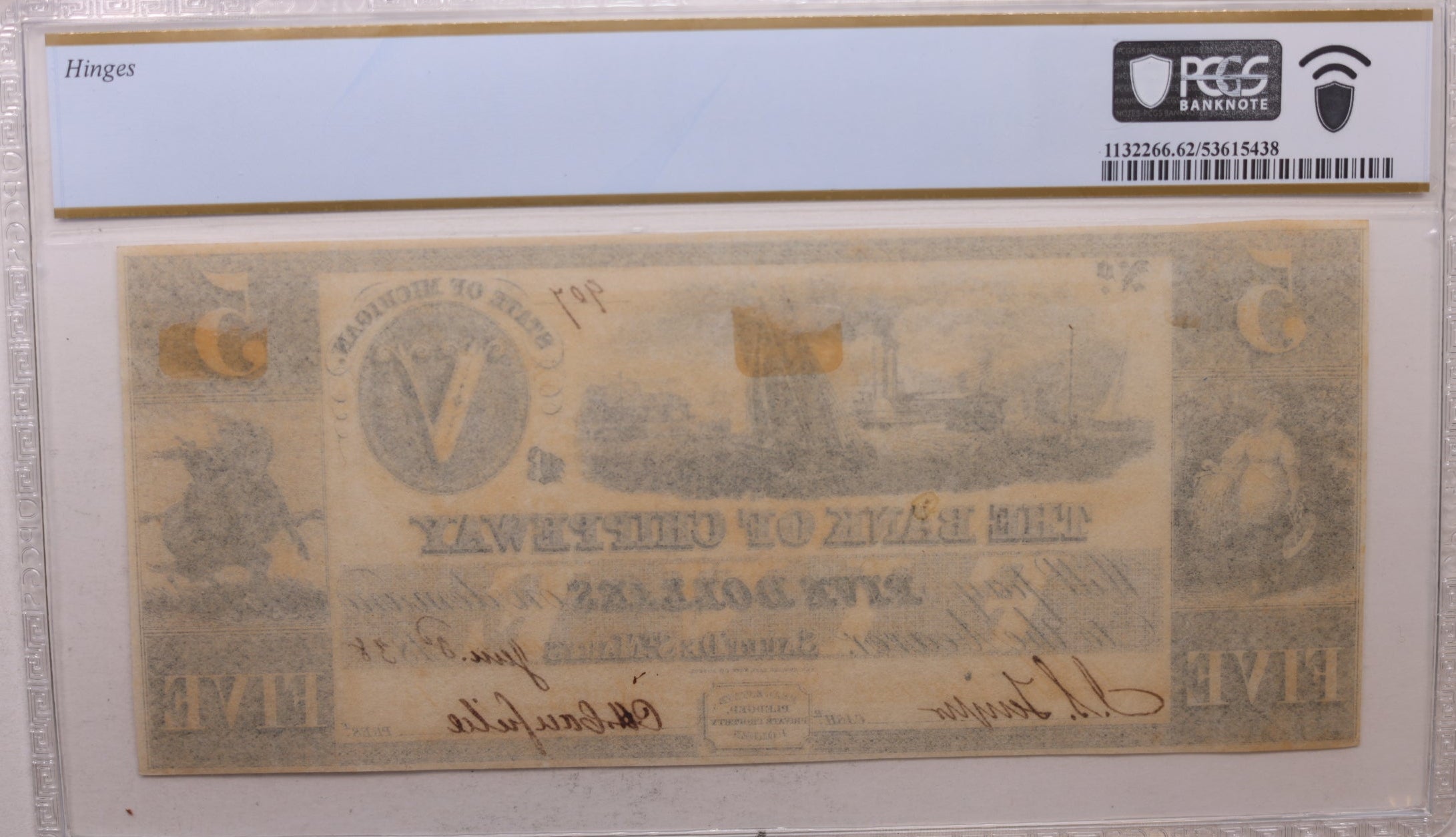 1838 $5, Sault De St. Marys, MI, MI-395-G6, PCGS CU-62, Chippeway bank, Store #GMI0111.