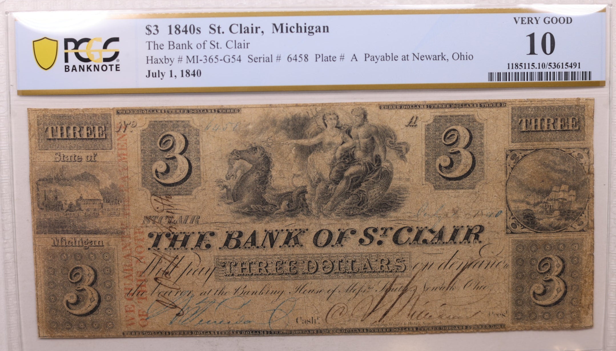 1840 $10, St Clair, MI, Obsolete Currency, MI-365-G54, PCGS VG-10, Store #GMI0115.