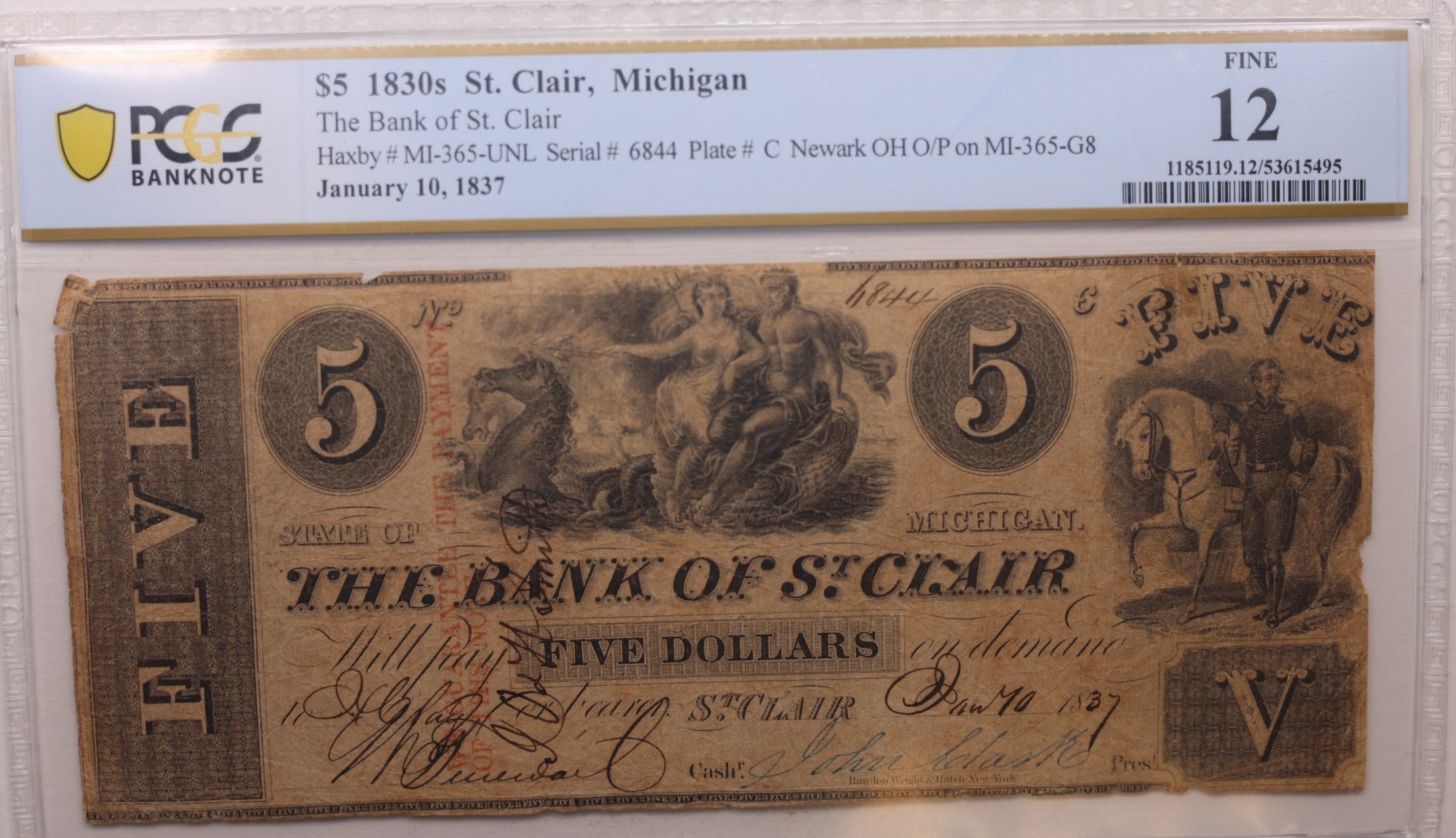 1837 $5, St Clair, MI, Obsolete Currency, MI-365-Unlisted, PCGS F-12, Store #GMI0119.