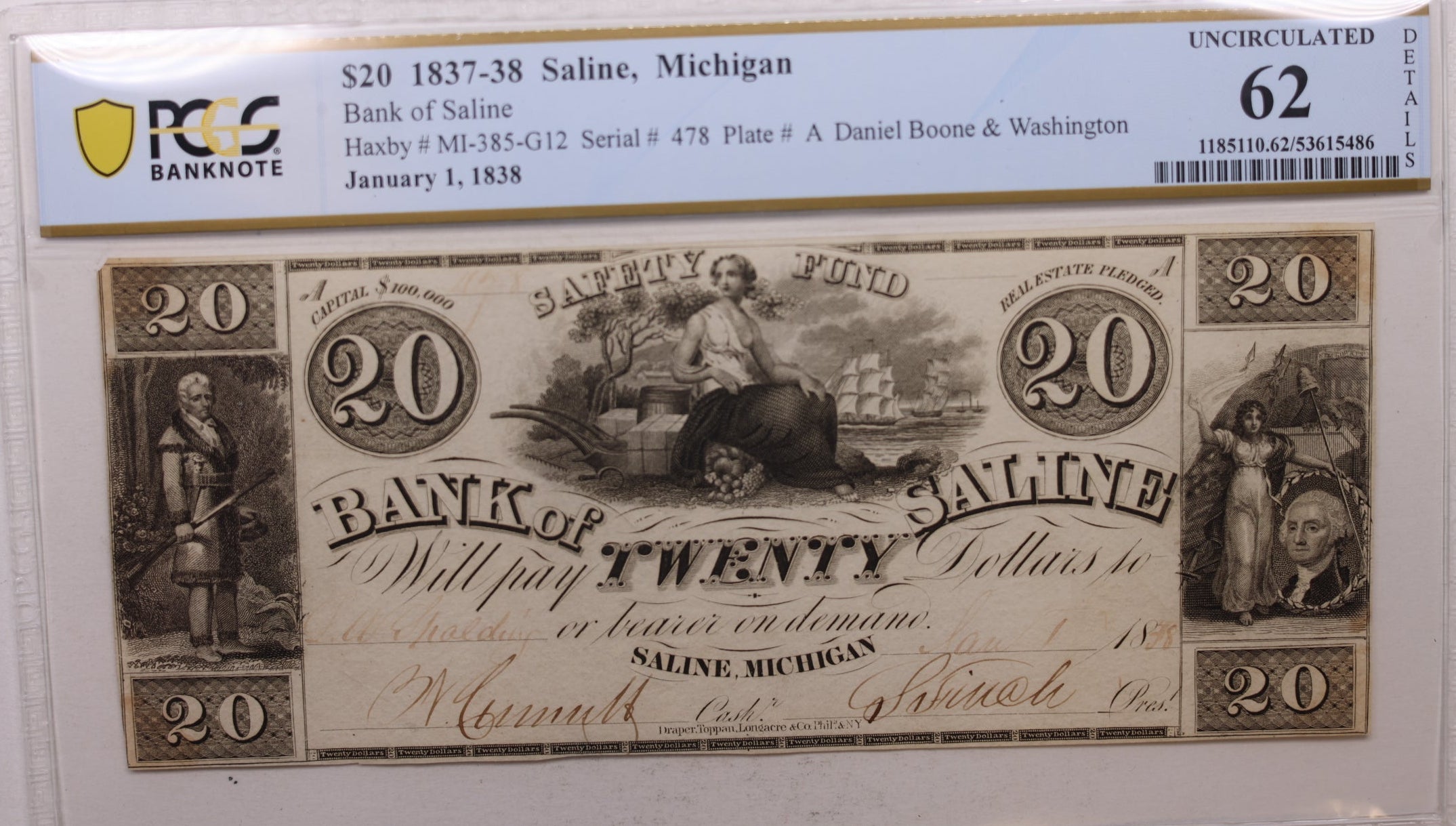 1838 $20, Saline, MI, Obsolete Currency, MI-385-G12, PCGS MS-62, Store #GMI0121.