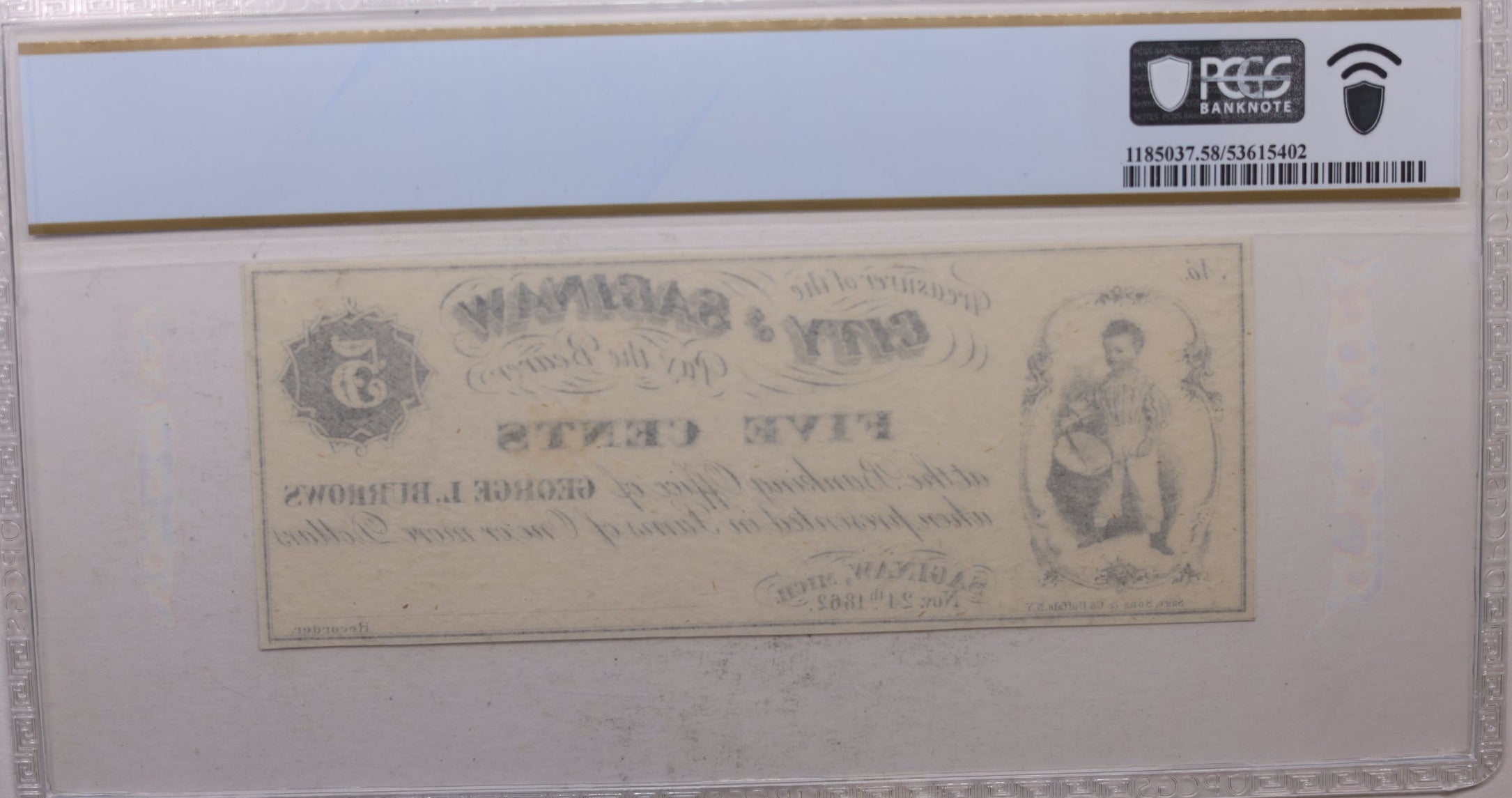 1862 5 Cent, Saginaw, MI, George L. Burrows, Treasurer, PCGS AU-58, Store #GMI0123.