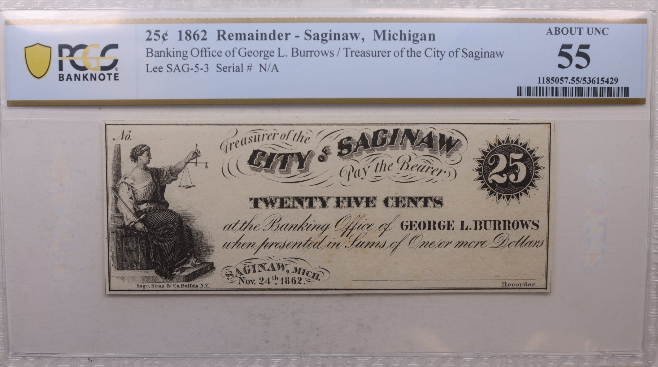 1862 25 Cent, Saginaw, MI, George L. Burrows, Treasurer, PCGS AU-55, Store #GMI0125.