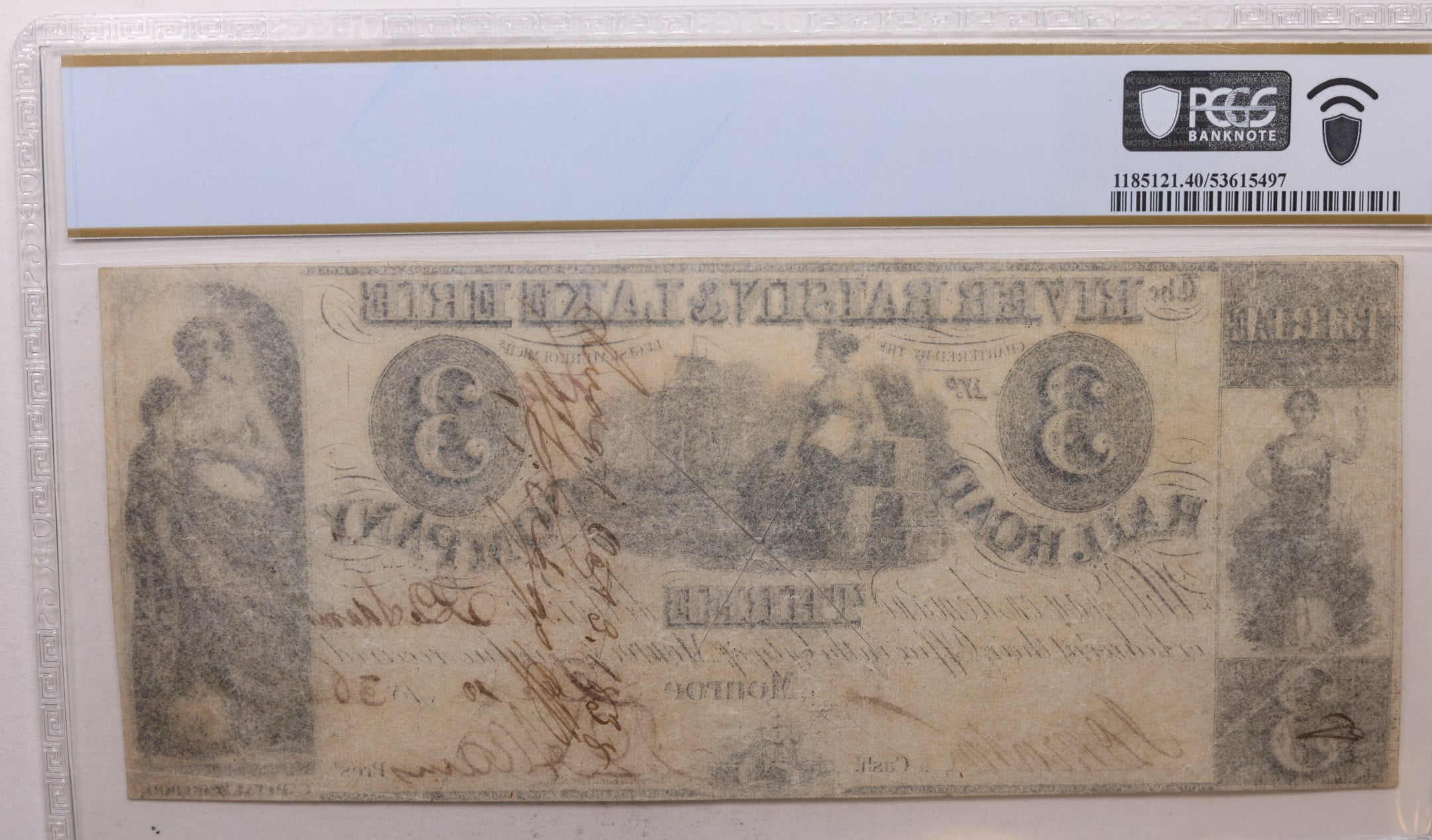 1836 $3, Monroe, River Raisin & Erie R/R, MI-290-G24a, PCGS XF-40, Store #GMI0136.