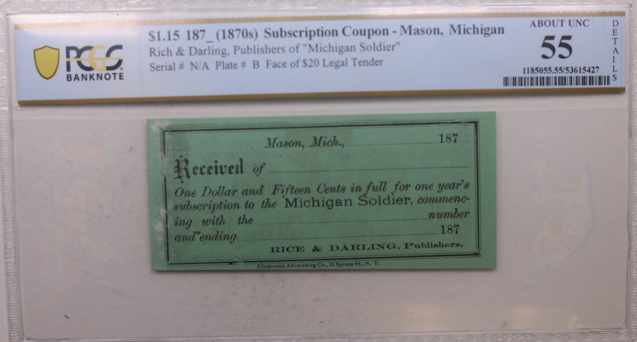 187_ Subscription Coupon, Mason, MI. 'Michigan Soldier', PCGS AU-55, Store #GMI0139.