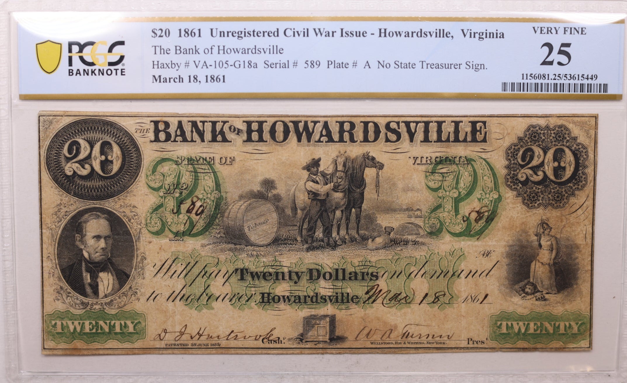 1861 $20, Howardsville, VA, VA-105-G18a, CIVIL WAR ISSUE, PCGS VF-25, Store #GVA022