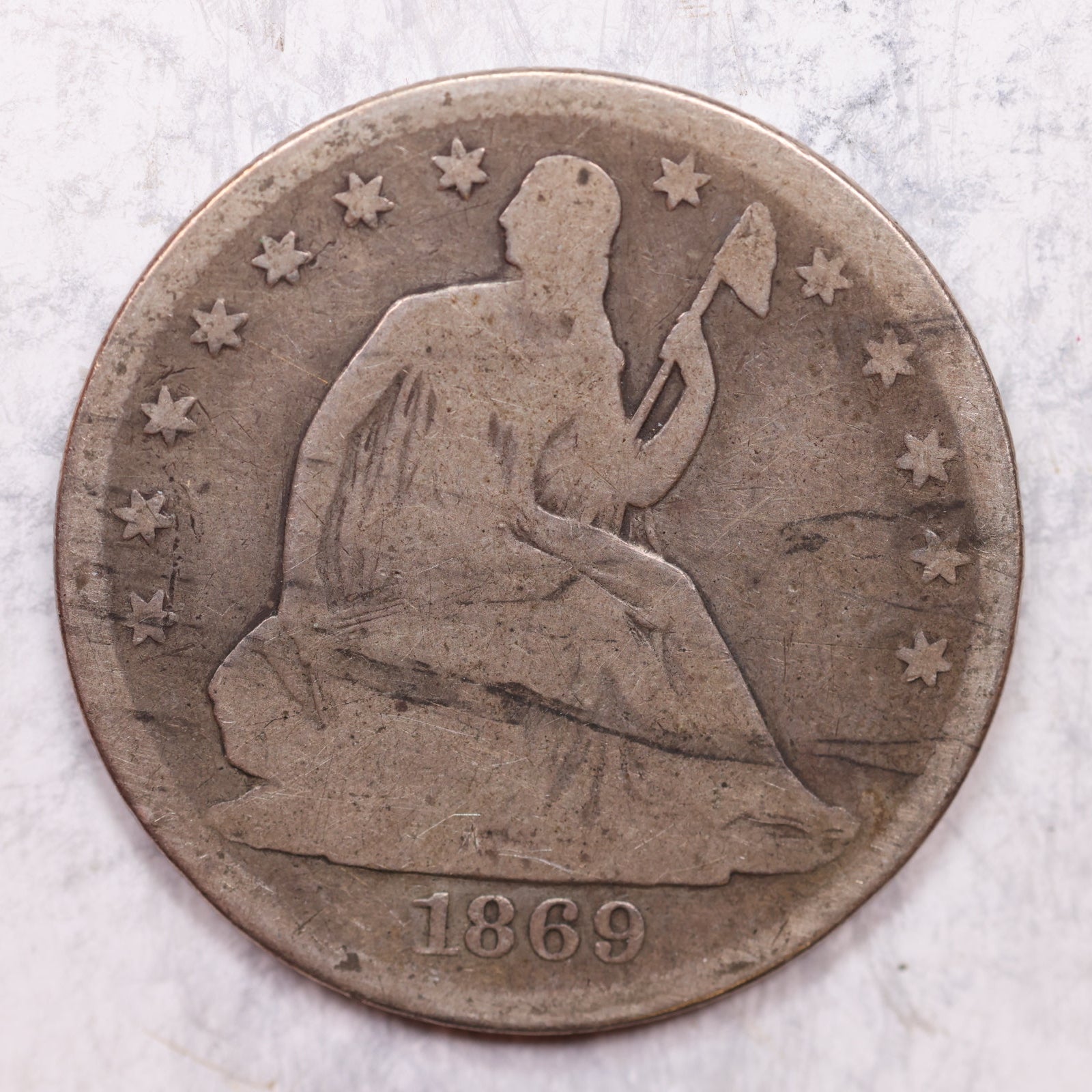 1869 Liberty Seated Half Dollar, Very Good Circulated Coin, Store #HR1388