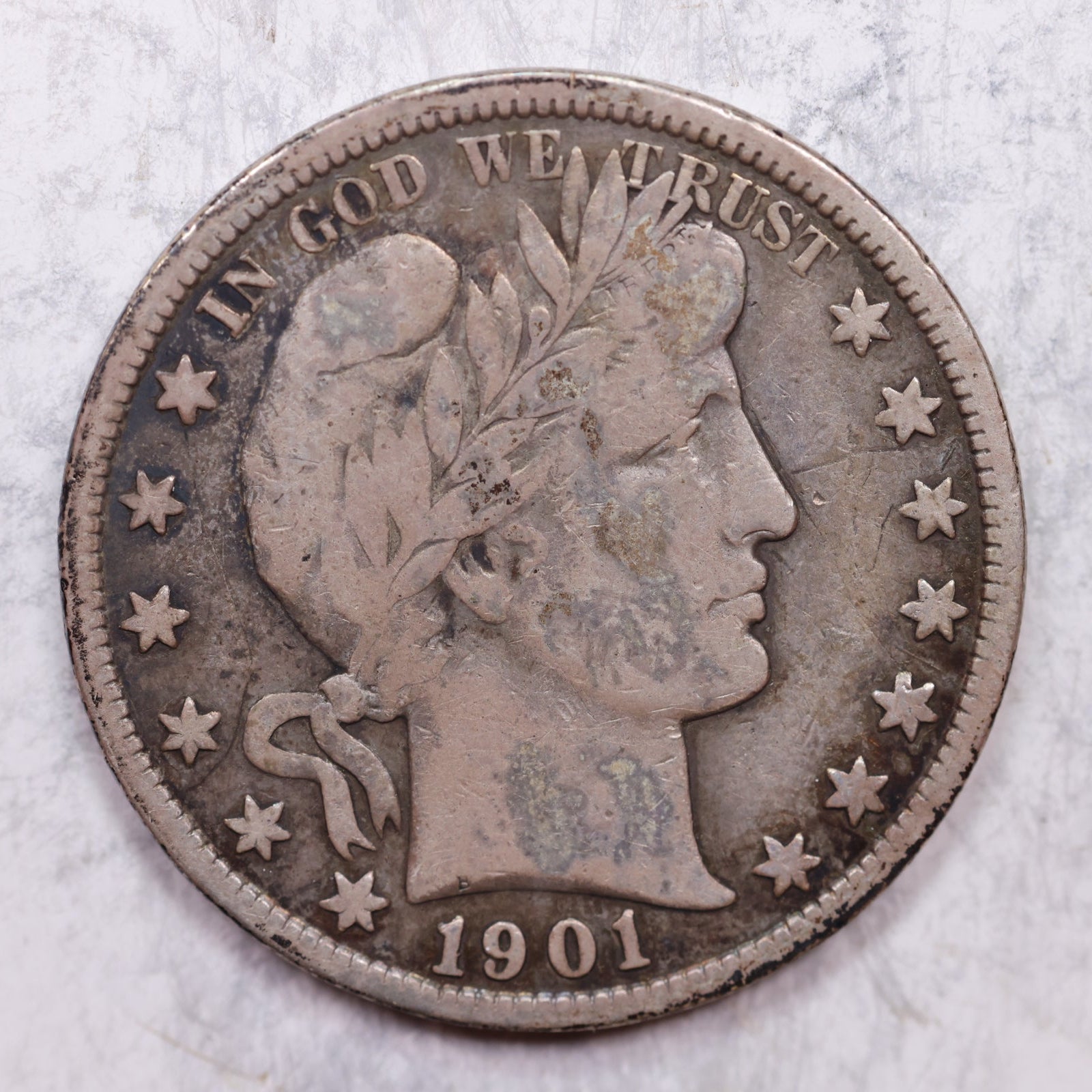1901 Barber Half Dollar, Very Good+ Circulated Coin, Store# HR1396