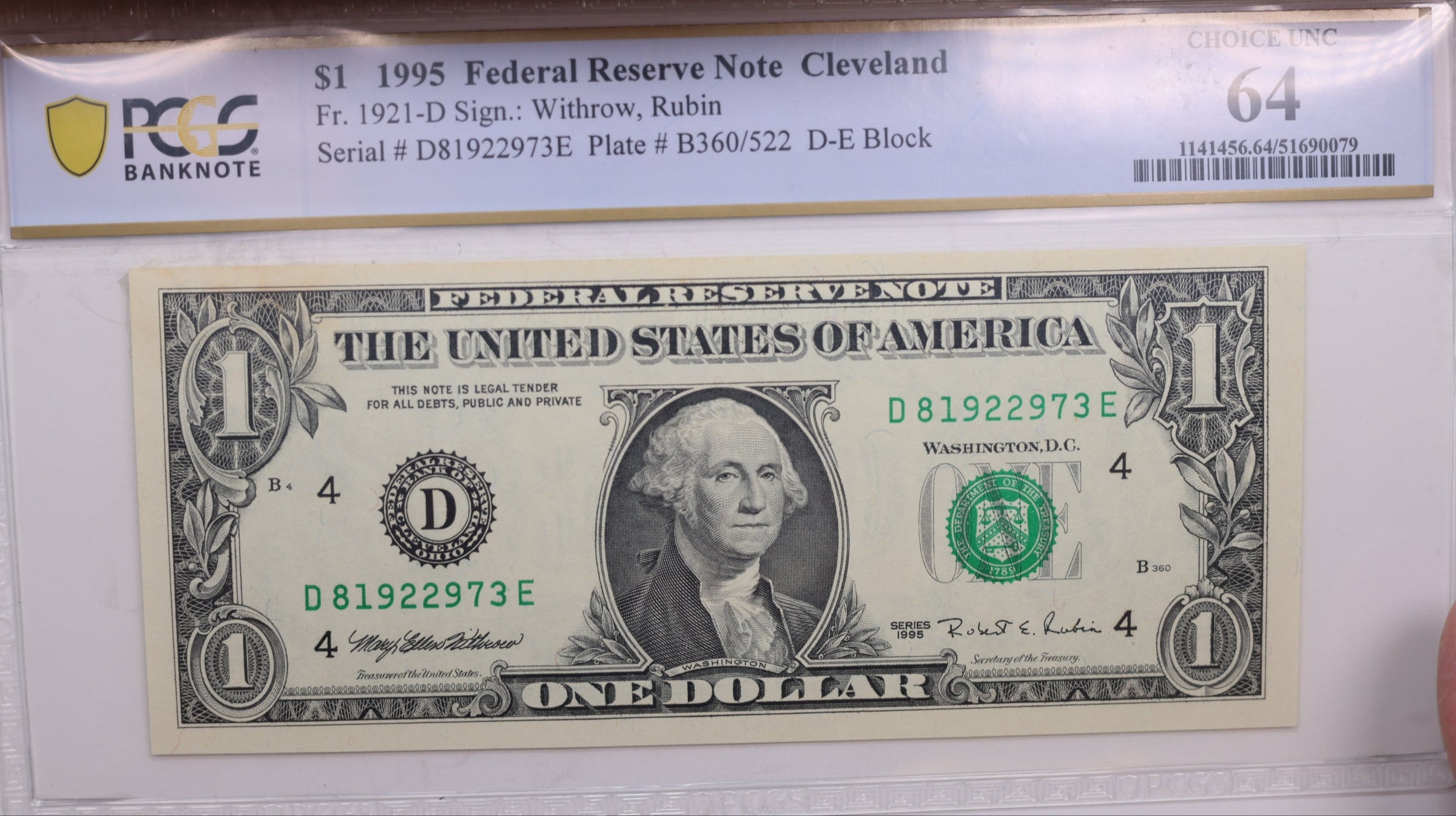 1995 $1., Federal Reserve Bank Note., PCGS CU-64., GFRB069