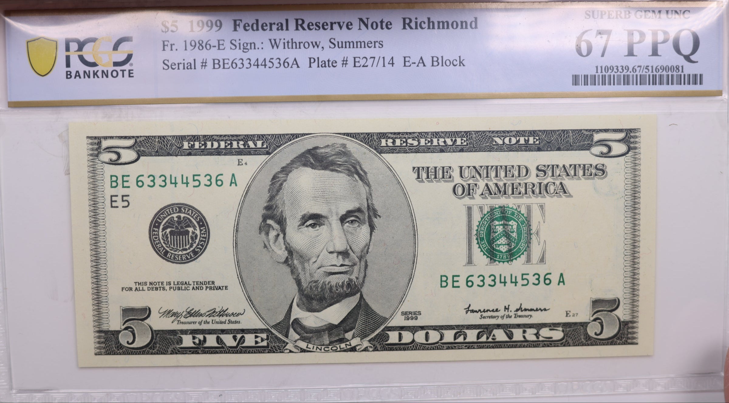 1995 $5., Federal Reserve Bank Note., PCGS CU-67 PPQ., GFRB071