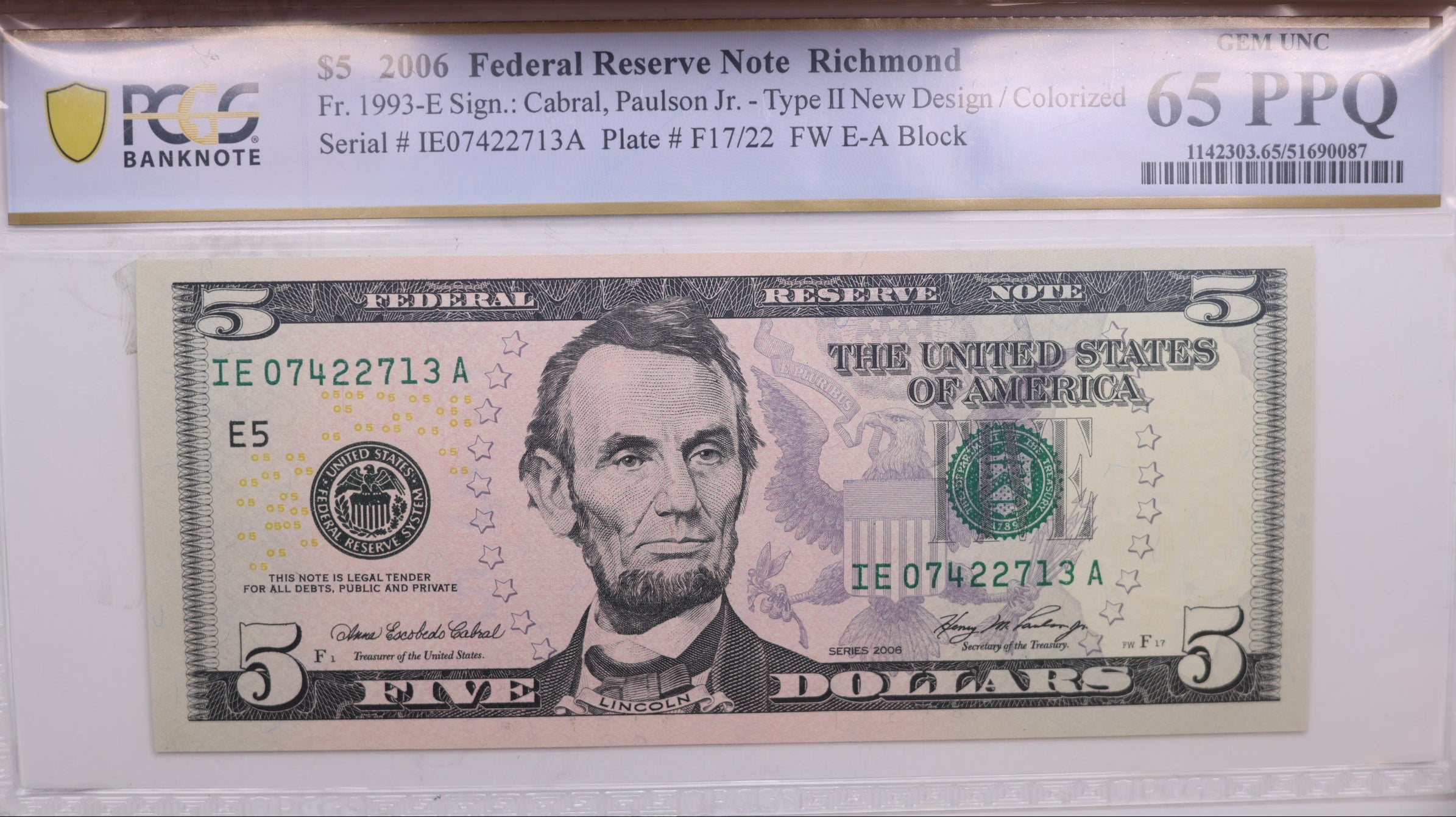 2006 $5., Federal Reserve Bank Note., PCGS CU-65., PPQ., GFRB077