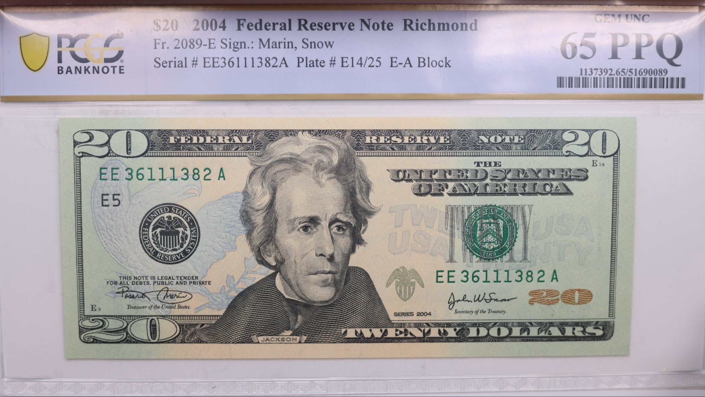 2004 $20., Federal Reserve Bank Note., PCGS CU-65., PPQ., GFRB079