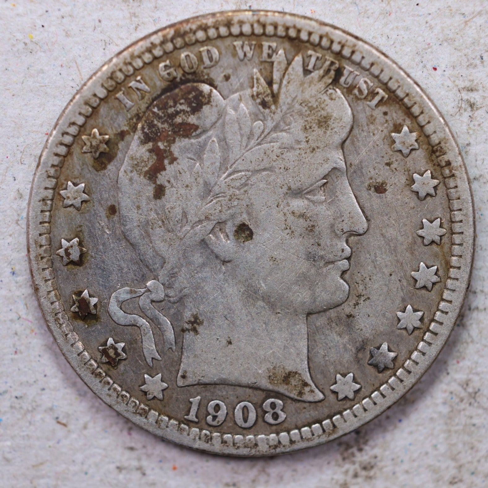 1908-O Barber Silver Quarter, Very Fine, Collectible Circulated Coin. Store #QR1516.