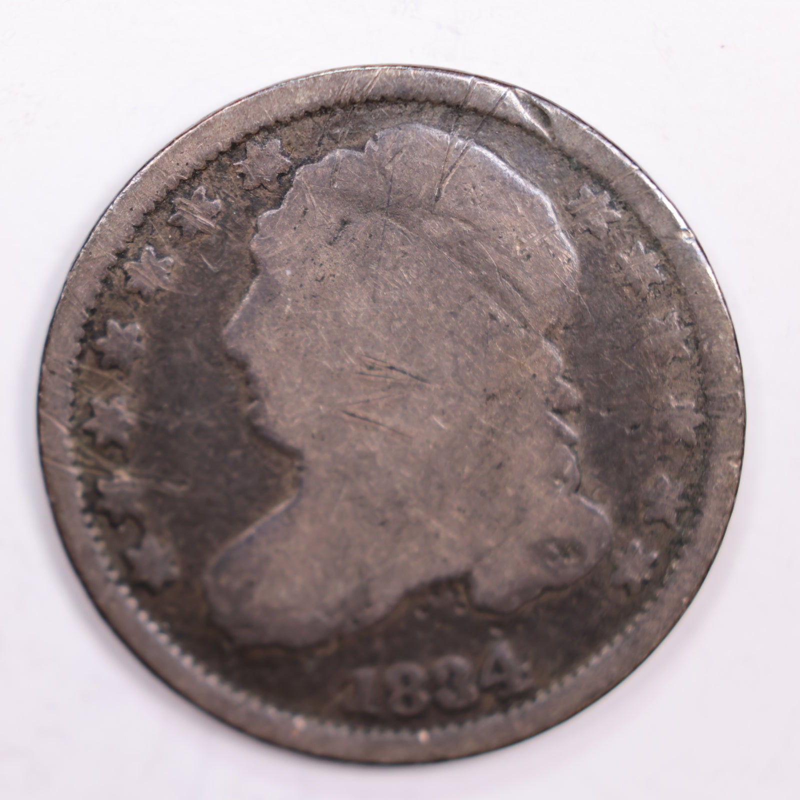 1834 Cap Bust Silver Dime., About Good Details., Circulated Coin., STORE #DE0081