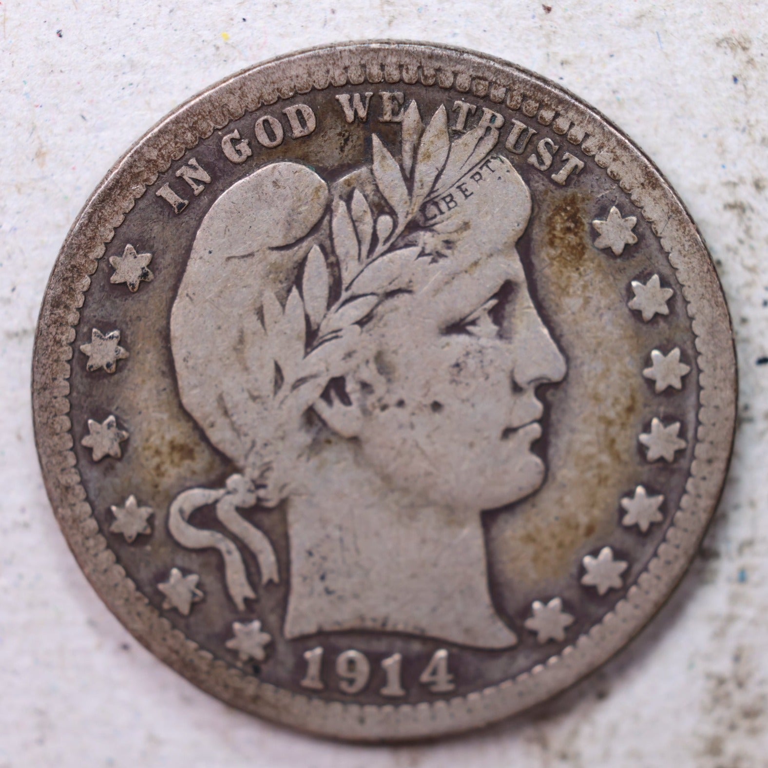 1914-S Barber Silver Quarter, Fine Circulated Collectible Coin, Store #QR1540.