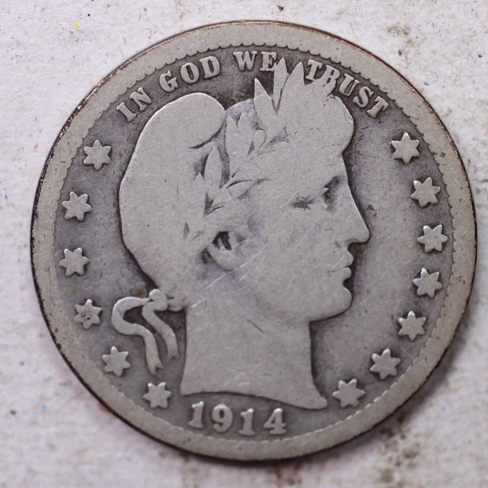 1914-S Barber Silver Quarter, Very Good Circulated Coin, Store #QR1541.
