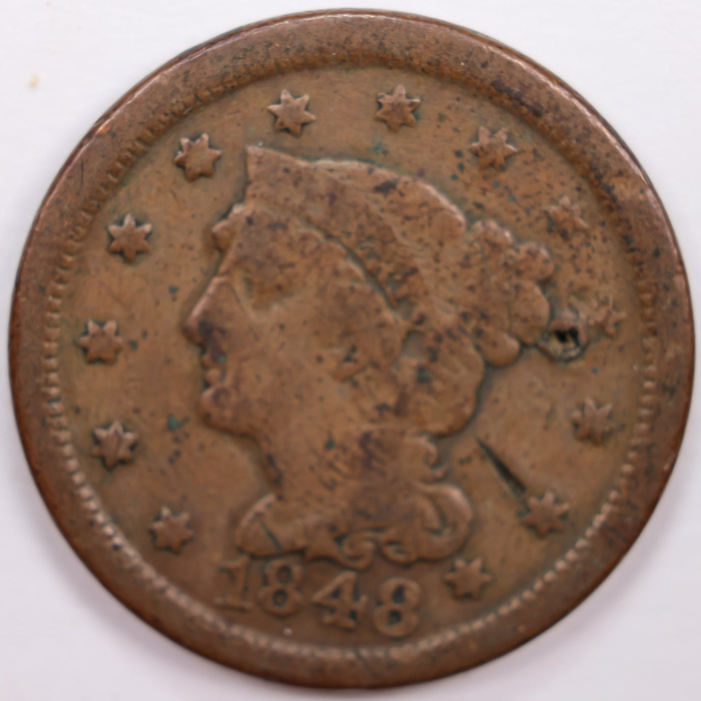 1848 Braided Hair Large Cent, Very Good Details, Circulated Coin, Store #CT0307
