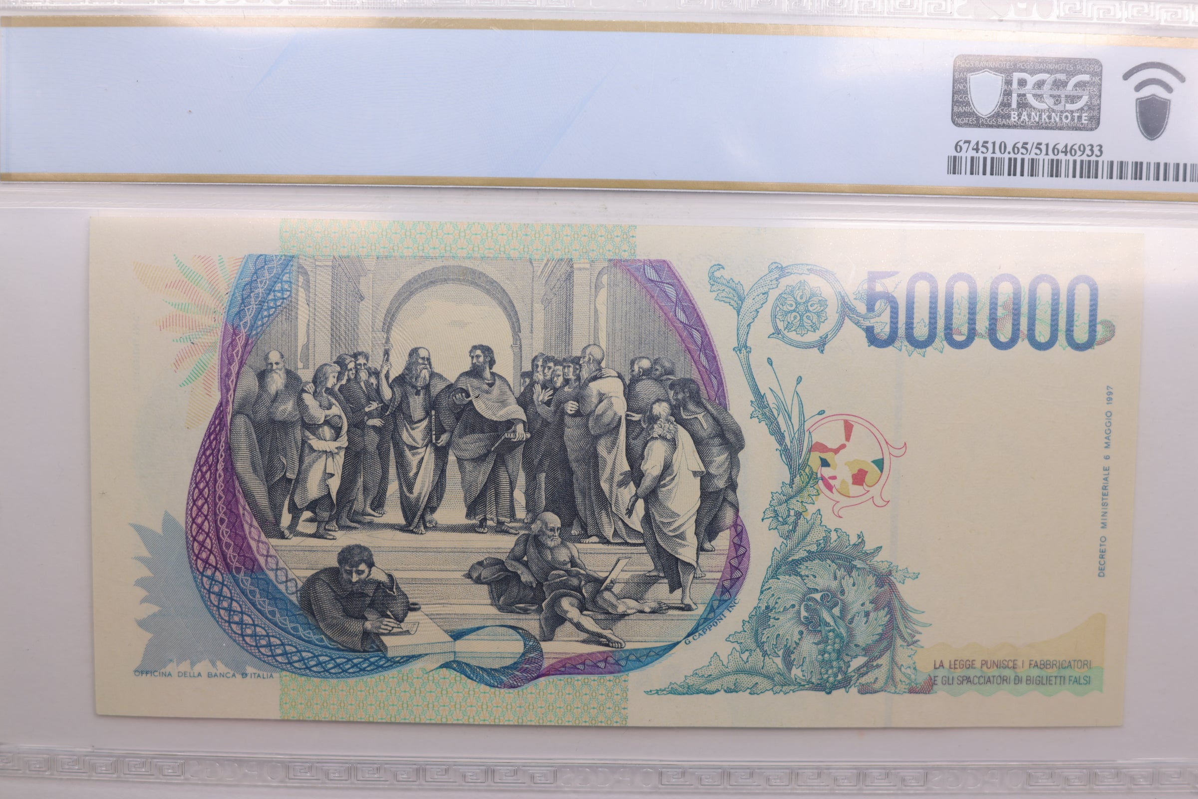 1997 Italy/Banca D'Italia., 500,000 Lire., PCGS CU-65., PPQ, Store #GWC006
