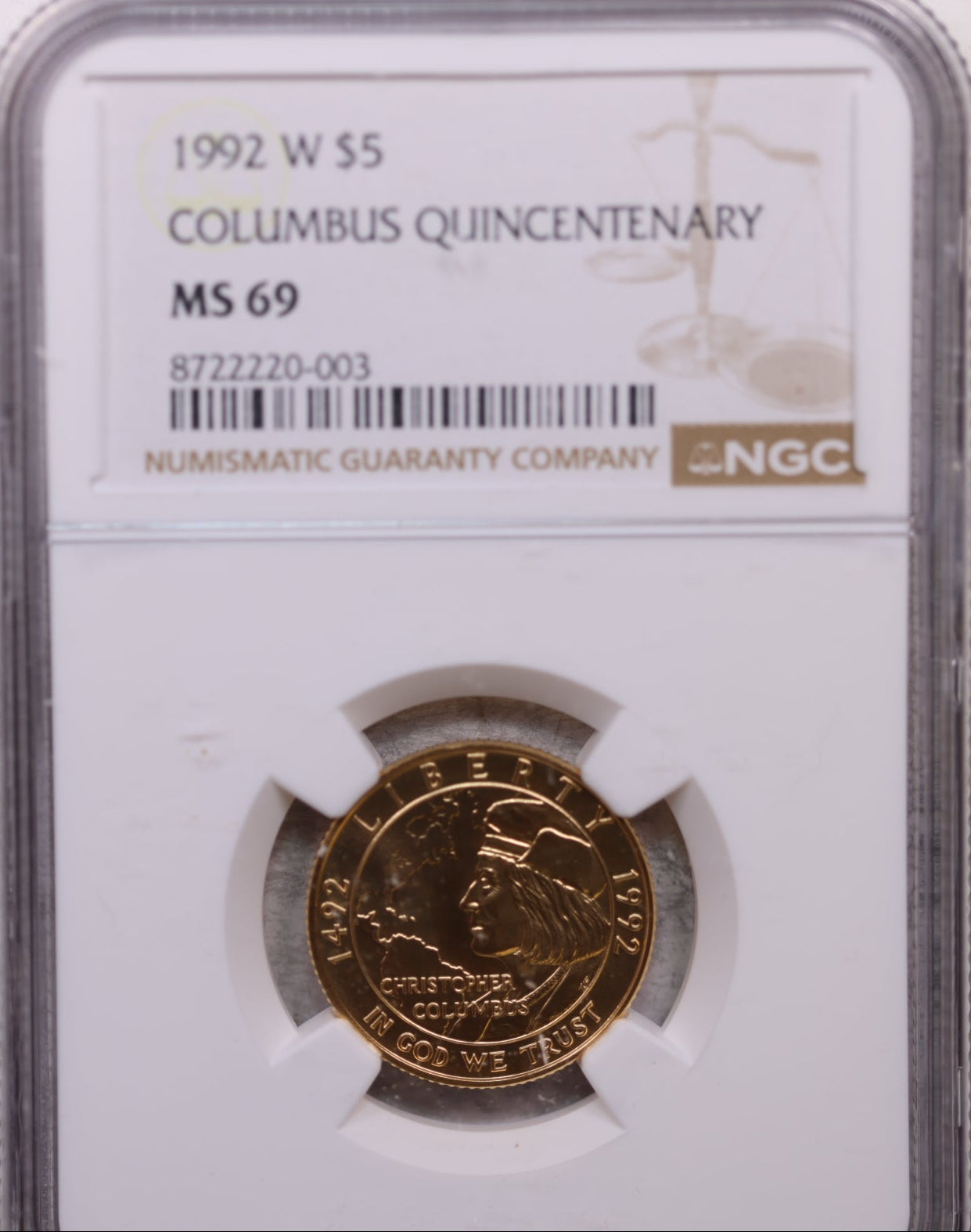 1992-W $5, Gold Commemorative, Mint Strike, NGC MS-69, Store #GMC003.