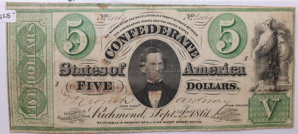 1861 $5 Virginia Treasury Note, 'Civil War Era', Nice Note. Store #06160