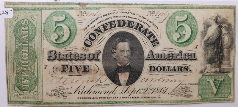 1861 $5 Virginia Treasury Note, 'Civil War Era', Nice Note. Store