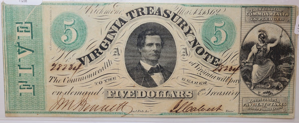 1862 $5 Virginia Treasury Note, 'Civil War Era', Nice Note. Store #11238