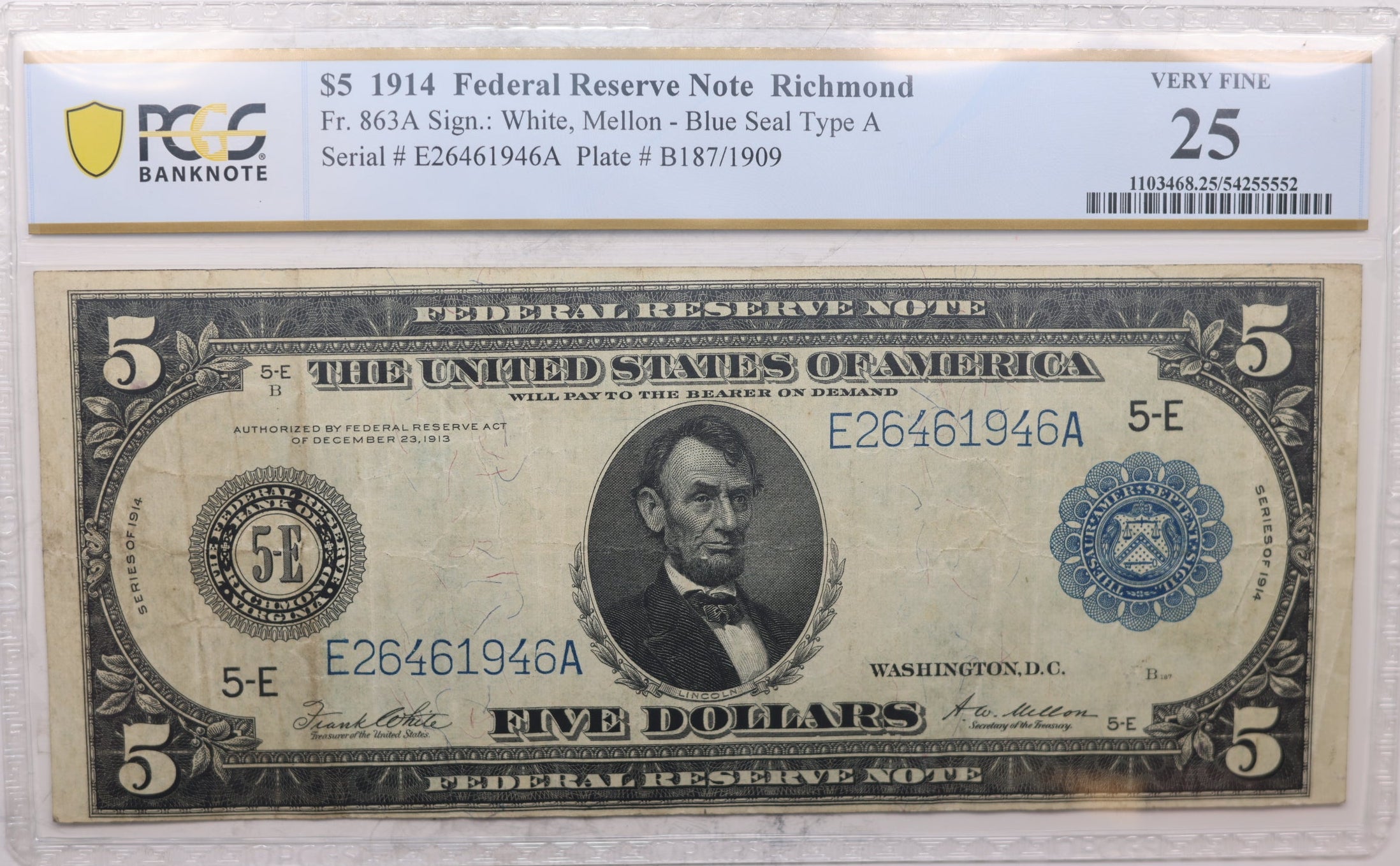 1914 $5, Federal Reserve Note, Fr: 863A, PCGS Certified VF-25, Store GFRB014.
