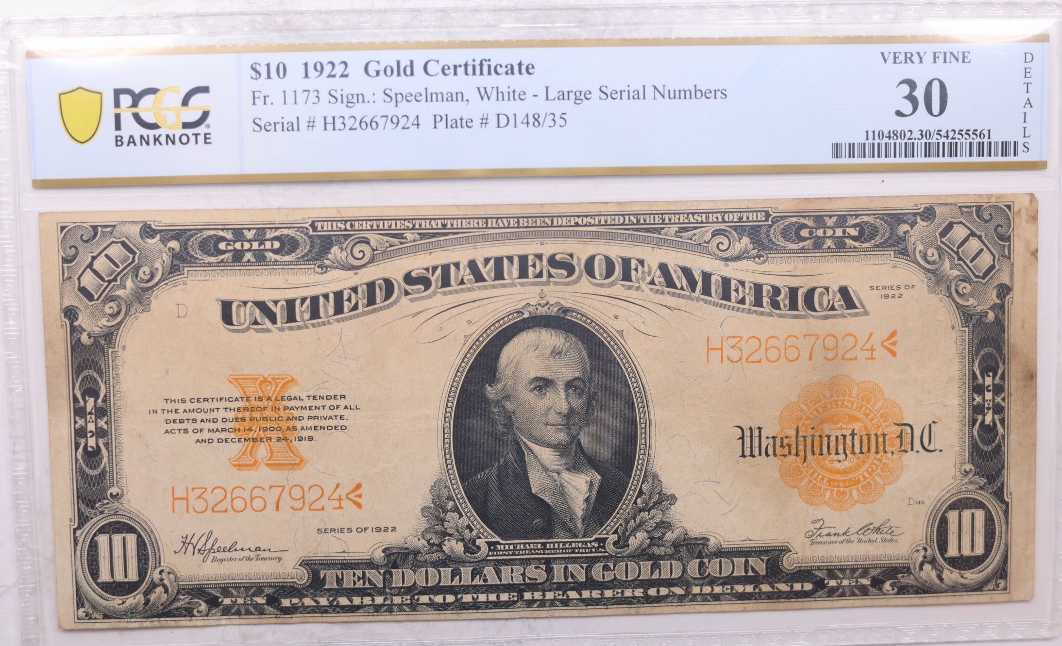 1922 $10 Gold Certificate, Fr. 1173, PCGS Certified VF-30, Store Sale #GCE005.