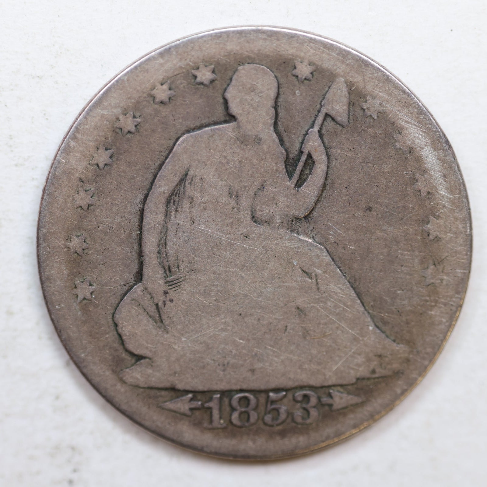 1853 Liberty Seated Half Dollar, About Good Circulated Coin, Store SALE #HR1067