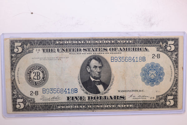 1914 $5 Federal Reserve Note., Affordable Circulated Currency, Store #06153