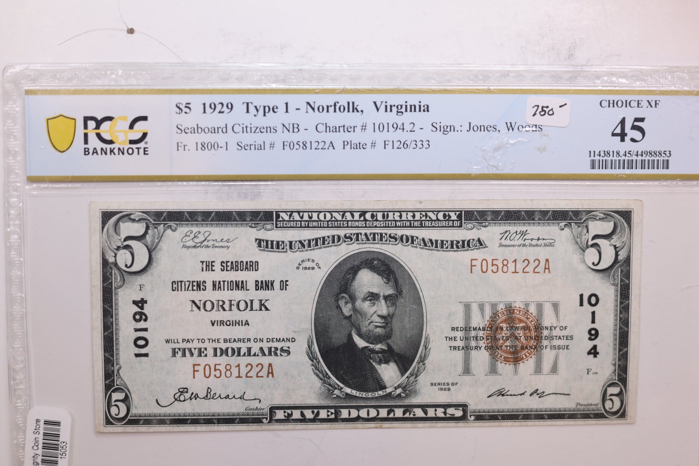 1929 $5 National Currency., "Norfolk"., PCGS XF-45., Store #SGNB007