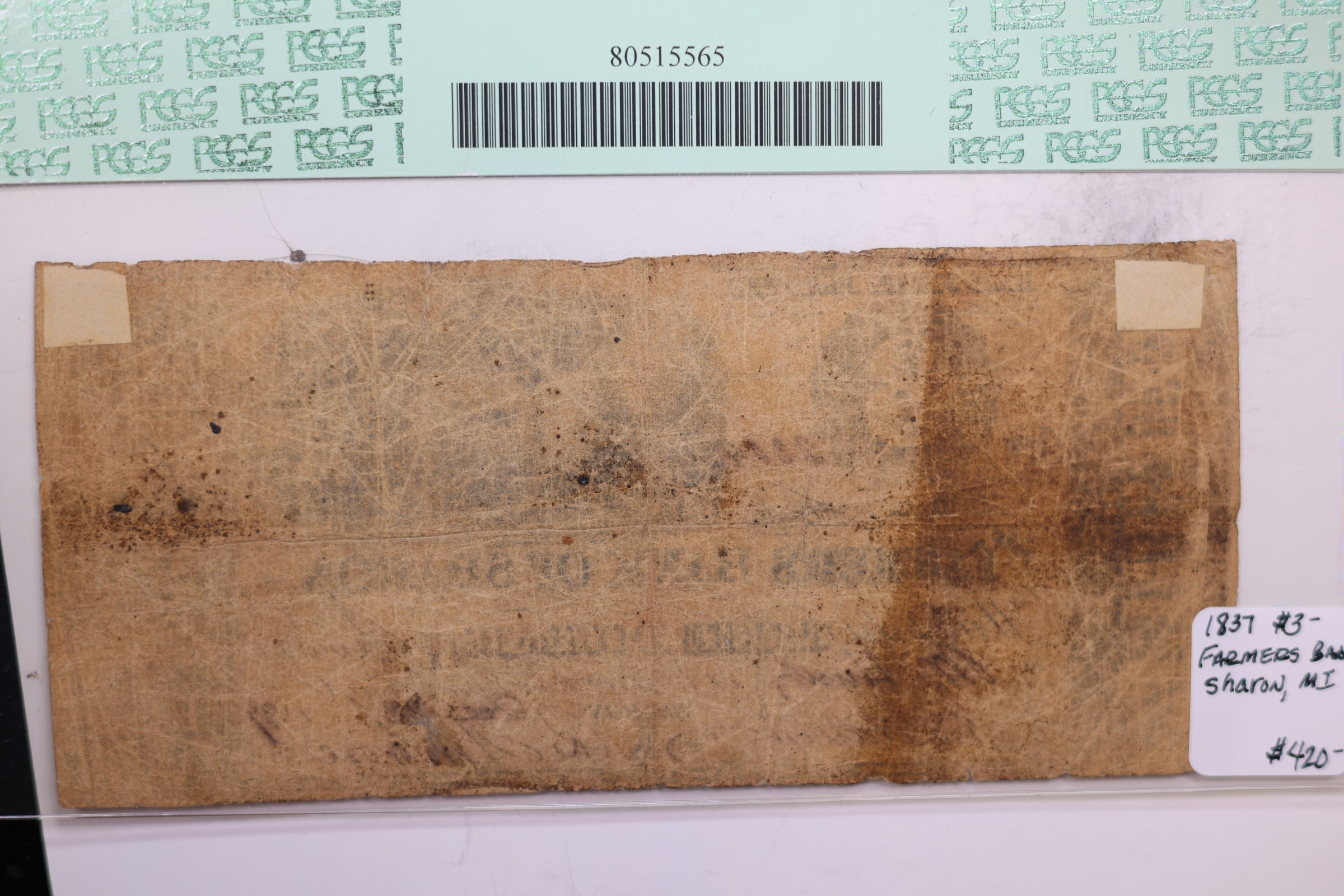 1837 $3 Farmers Bank of Sharon., SHARON MI., PCGS F-12., Store #GMI016