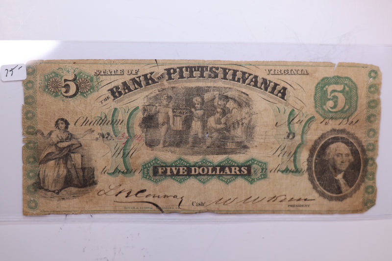 1861 $5, Bank of PITTSYLVANIA. Affordable Collectible Currency, Store