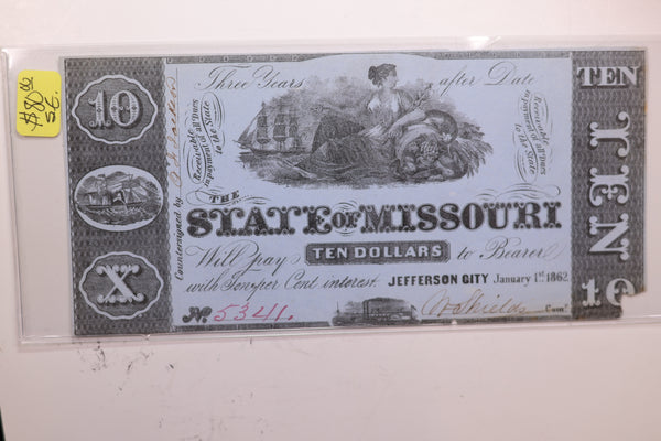 1862 $10., State of Missouri., Affordable Collectible Currency, Store #06214