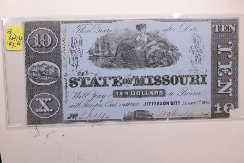1862 $10., State of Missouri., Affordable Collectible Currency, Store